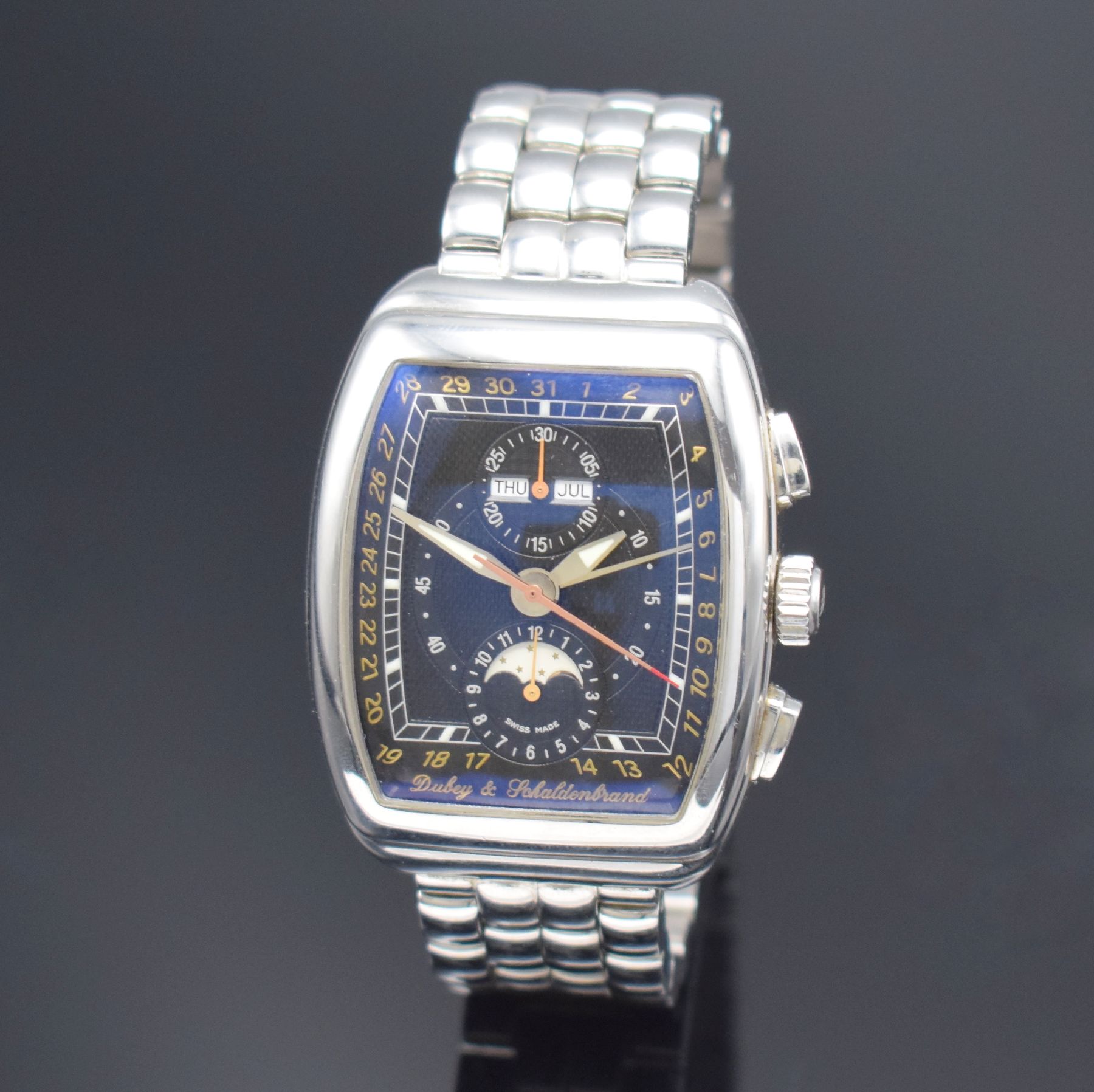 DUBEY & SCHALDENBRAND Armbandchronograph mit Vollkalenderanzeige GRAN` CHRONO ASTRO, Automatik, Schweiz um 1999, tonneauförmiges Edelstahlgeh. inkl. ...