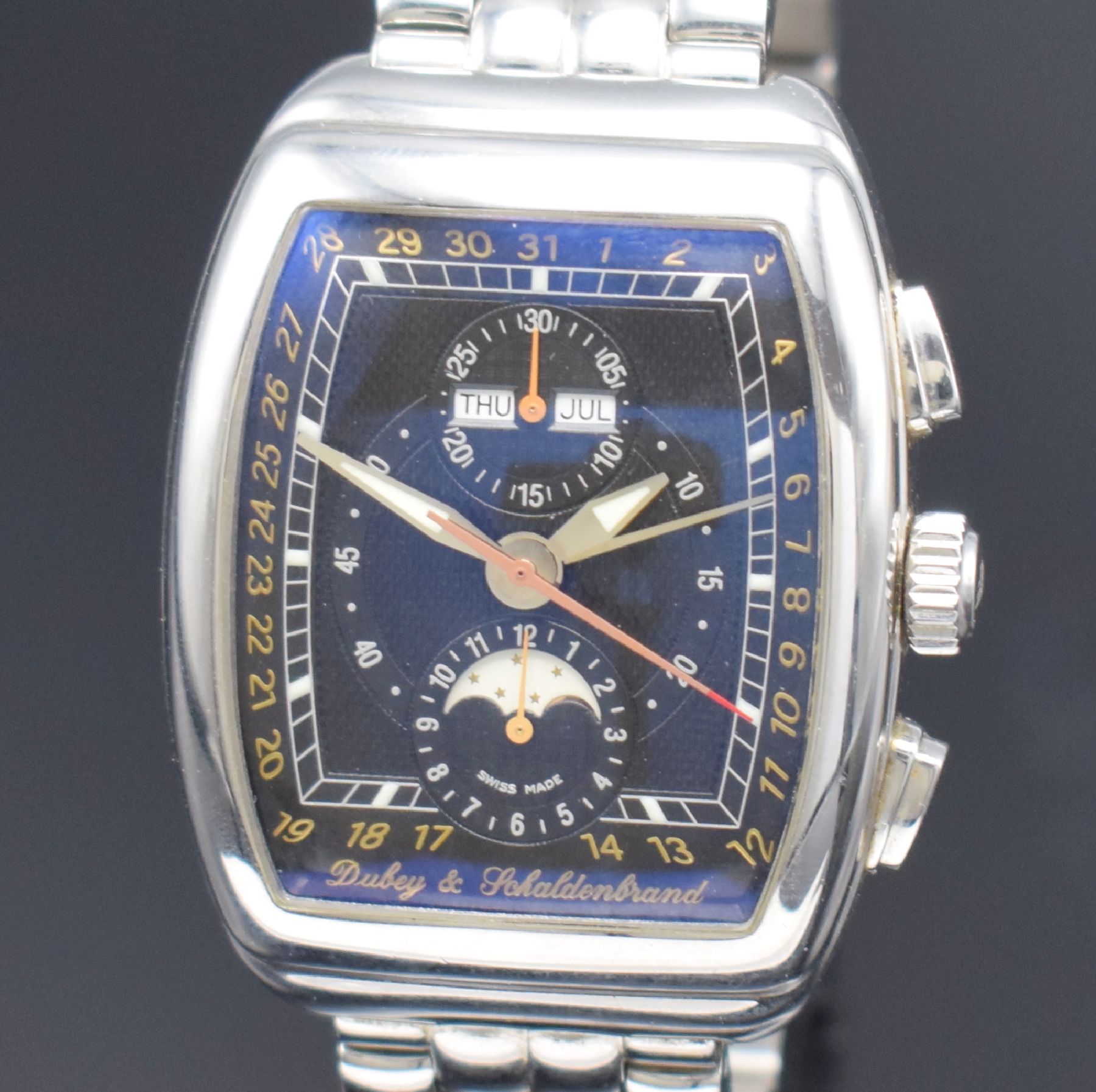 Detail a: DUBEY & SCHALDENBRAND Armbandchronograph mit Vollkalenderanzeige GRAN` CHRONO ASTRO, Automatik, Schweiz um 1999, tonneauförmiges Edelstahlgeh. inkl. ...