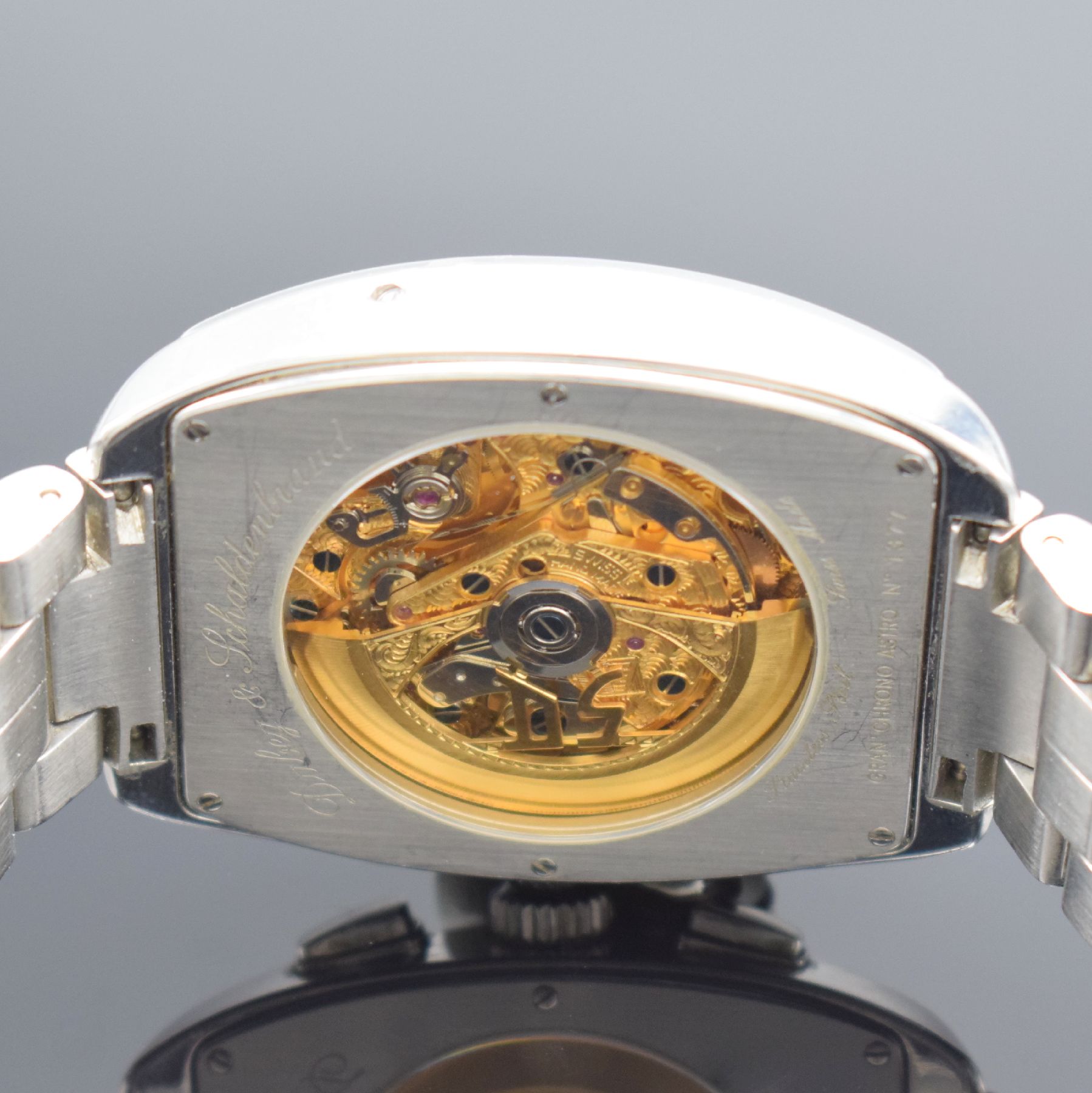 Detail e: DUBEY & SCHALDENBRAND Armbandchronograph mit Vollkalenderanzeige GRAN` CHRONO ASTRO, Automatik, Schweiz um 1999, tonneauförmiges Edelstahlgeh. inkl. ...
