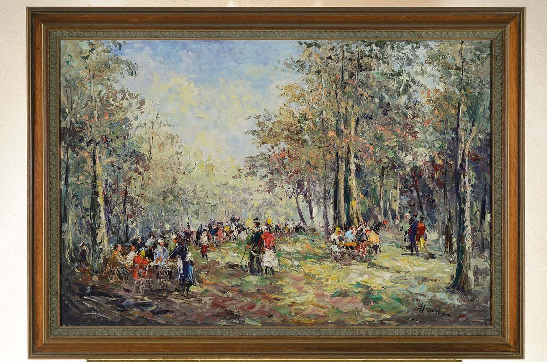 Detail k: F. Hintzen, 2. H. 20. Jh., Personengesellschaft und Spaziergänger am Waldrand, Öl/Lwd, rechts unten und rückseitig signiert und bezeichnet ...