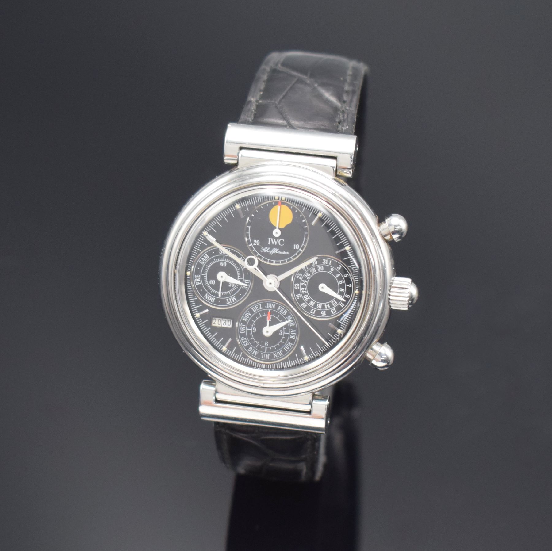IWC Da Vinci astronomische Herrenarmbanduhr mit ewigem Kalender und Chronograph in Stahl Referenz 3750, Schweiz um 1999, Automatik, pol. Geh. m. ...