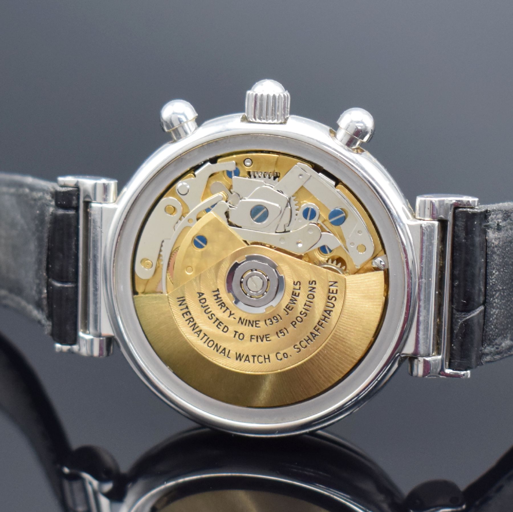 Detail e: IWC Da Vinci astronomische Herrenarmbanduhr mit ewigem Kalender und Chronograph in Stahl Referenz 3750, Schweiz um 1999, Automatik, pol. Geh. m. ...