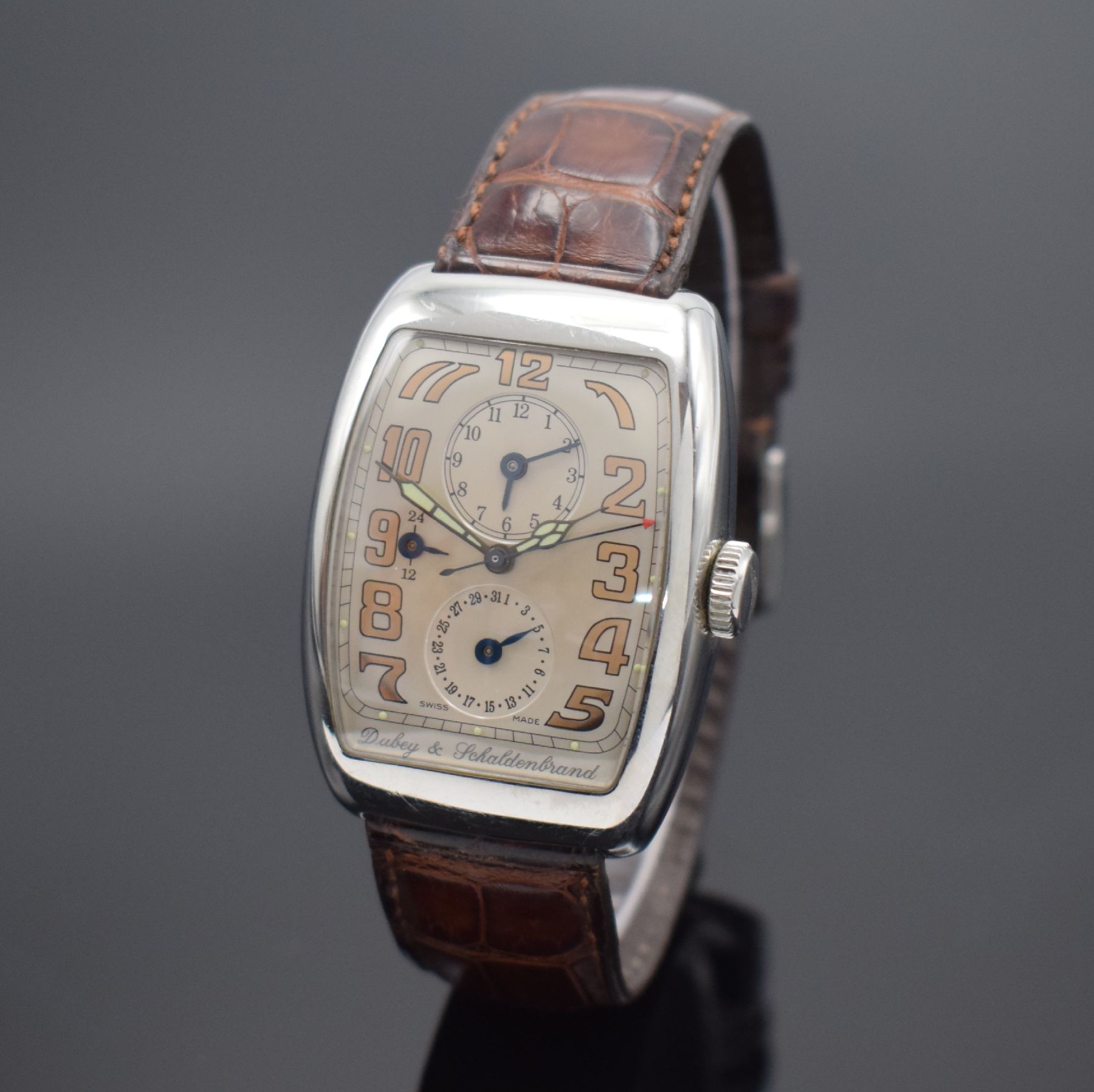 DUBEY & SCHALDENBRAND Herrenarmbanduhr Aerodyn Duo, Automatik, Schweiz um 2000, tonneauförmiges Edelstahlgeh. inkl. orig. Lederband m. orig. ...