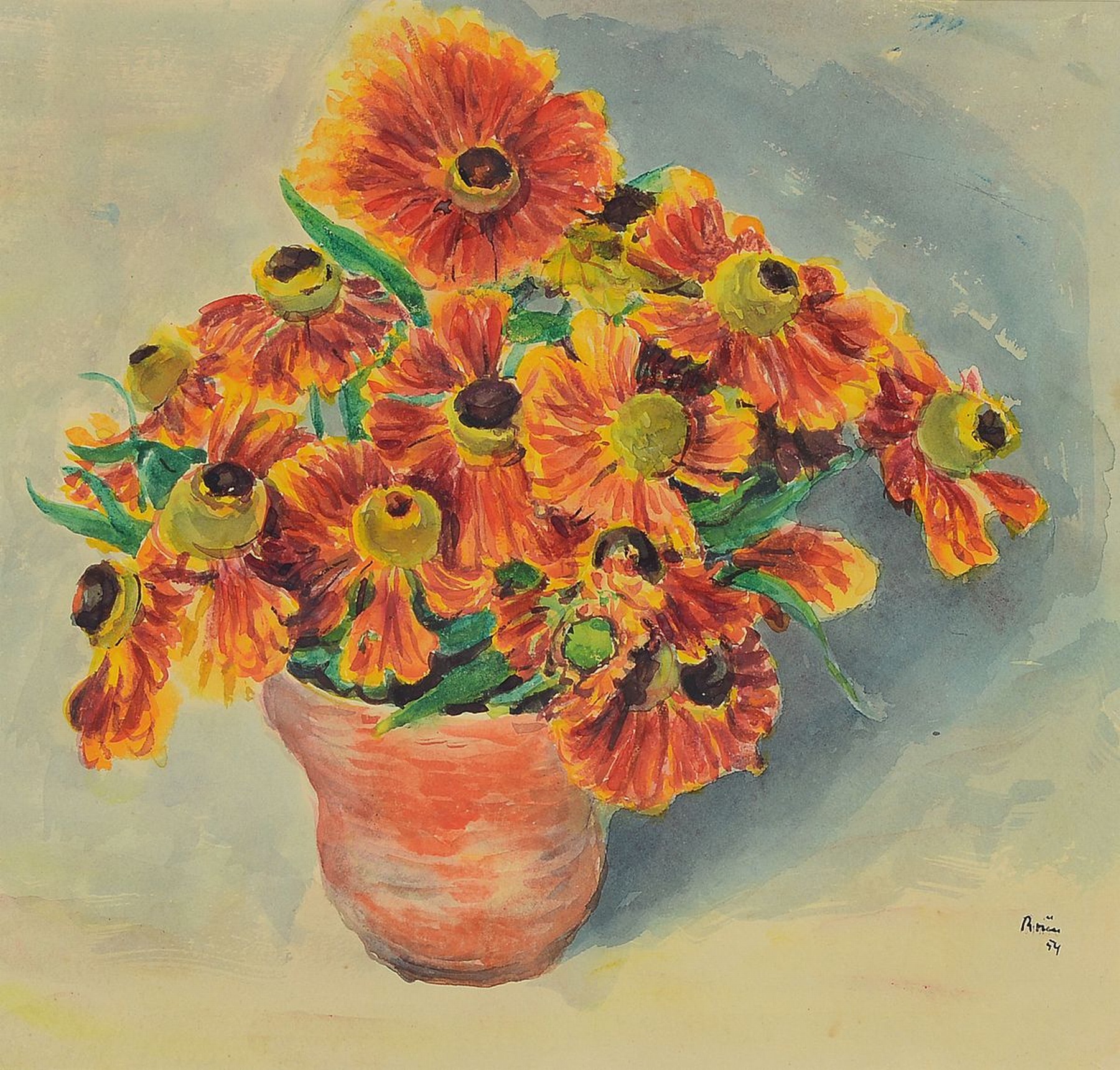 Theodor Brün, 1885 Hamm - 1981 Hagen, drei Aquarelle, Blumenstillleben, alle handsigniert, zweimal dat. 54 und 56, PP: ca. 28 x 30 cm/ 32 x 46 cm/ ...