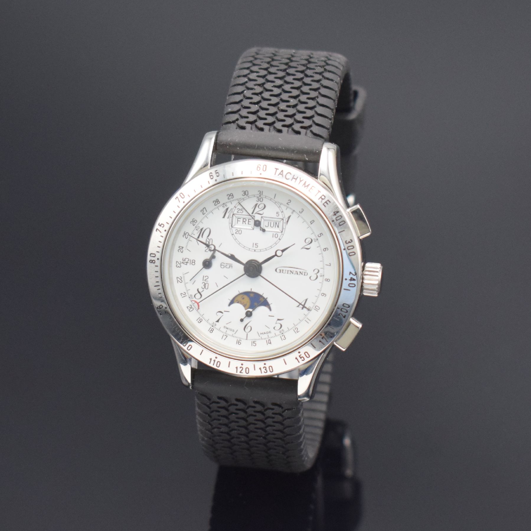 GUINAND nahezu neuwertiger Armbandchronograph, Schweiz um 2005, Automatik, pol. Edelstahlgeh., neutr. Kautschukband, Boden & Krone verschr., Lün. m. ...