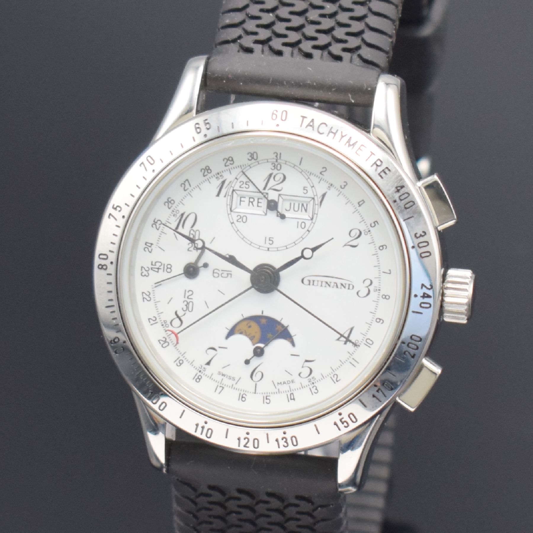 Detail a: GUINAND nahezu neuwertiger Armbandchronograph, Schweiz um 2005, Automatik, pol. Edelstahlgeh., neutr. Kautschukband, Boden & Krone verschr., Lün. m. ...