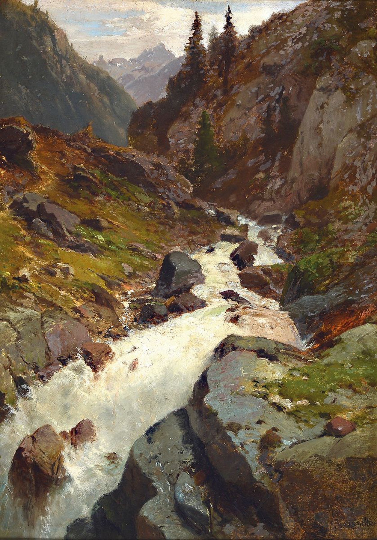 Johann Wilhelm Lindlar, 1816 Bergisch-Gladbach- 1896 Düsseldorf, Schüler von Johann Wilhelm Schirmer, Gebirgslandschaft mit reißendem Bach, ...