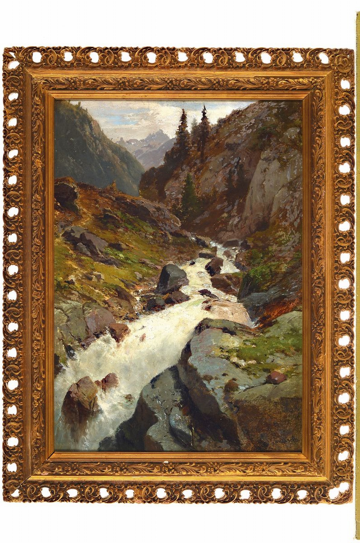 Detail k: Johann Wilhelm Lindlar, 1816 Bergisch-Gladbach- 1896 Düsseldorf, Schüler von Johann Wilhelm Schirmer, Gebirgslandschaft mit reißendem Bach, ...