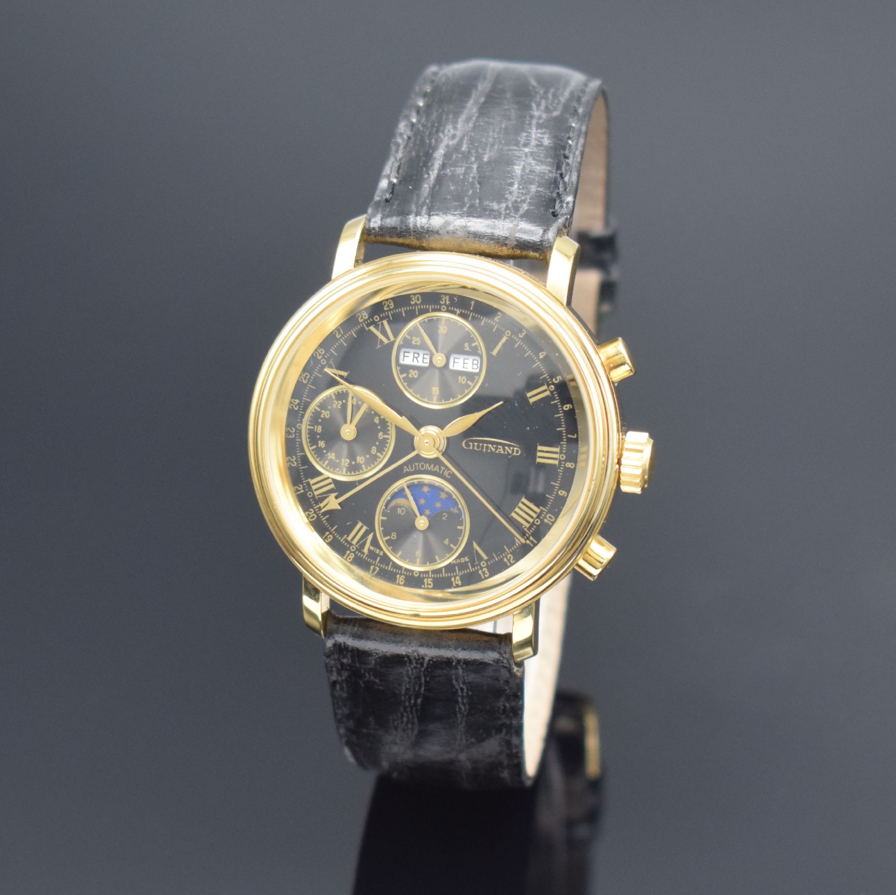 GUINAND nahezu neuwertige Herrenarmbanduhr mit Chronograph & Kalender, Schweiz um 2000, Automatik, verg. Geh. beids. vergl., Stahlboden geschr., ...
