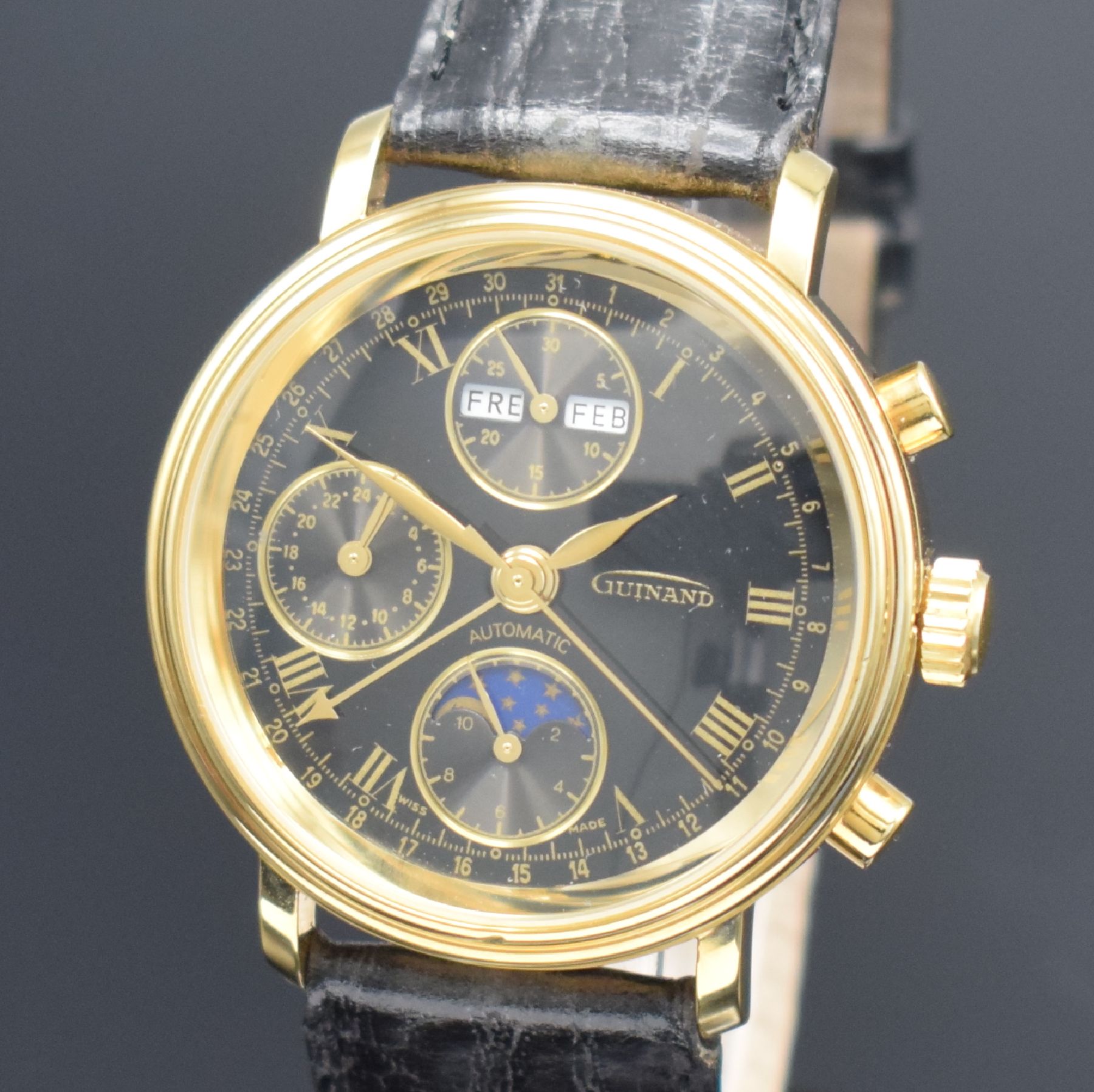 Detail a: GUINAND nahezu neuwertige Herrenarmbanduhr mit Chronograph & Kalender, Schweiz um 2000, Automatik, verg. Geh. beids. vergl., Stahlboden geschr., ...