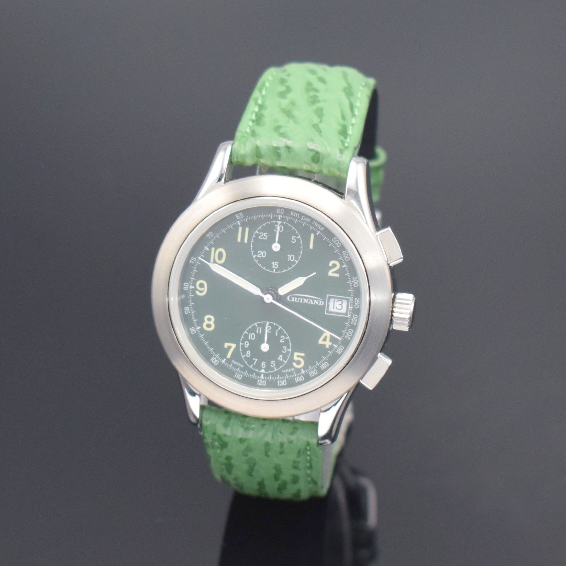 GUINAND nahezu neuwertige Herrenarmbanduhr mit Chronograph, Schweiz um 2000, Automatik, verschr. Geh. in Edelstahl, grünes Zifferbl. m. arab. ...