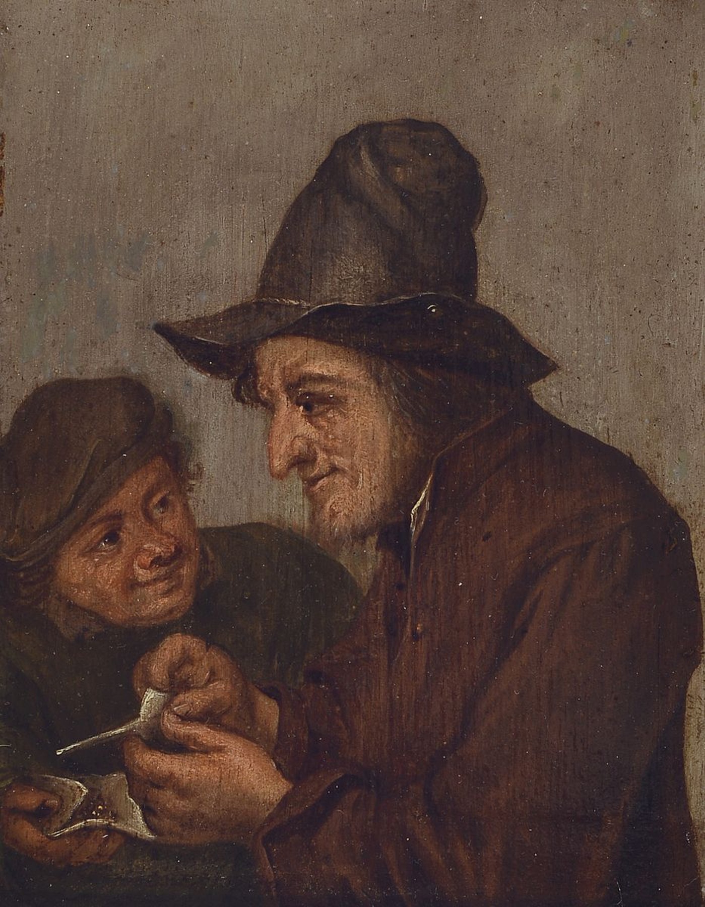 Unbekannter Niederländischer Traditionalist, um 1830/40, Paar Genres, Porträt zweier bäuerlicher Typen beim Pfeife stopfen, Paar bäuerliche Typen ...