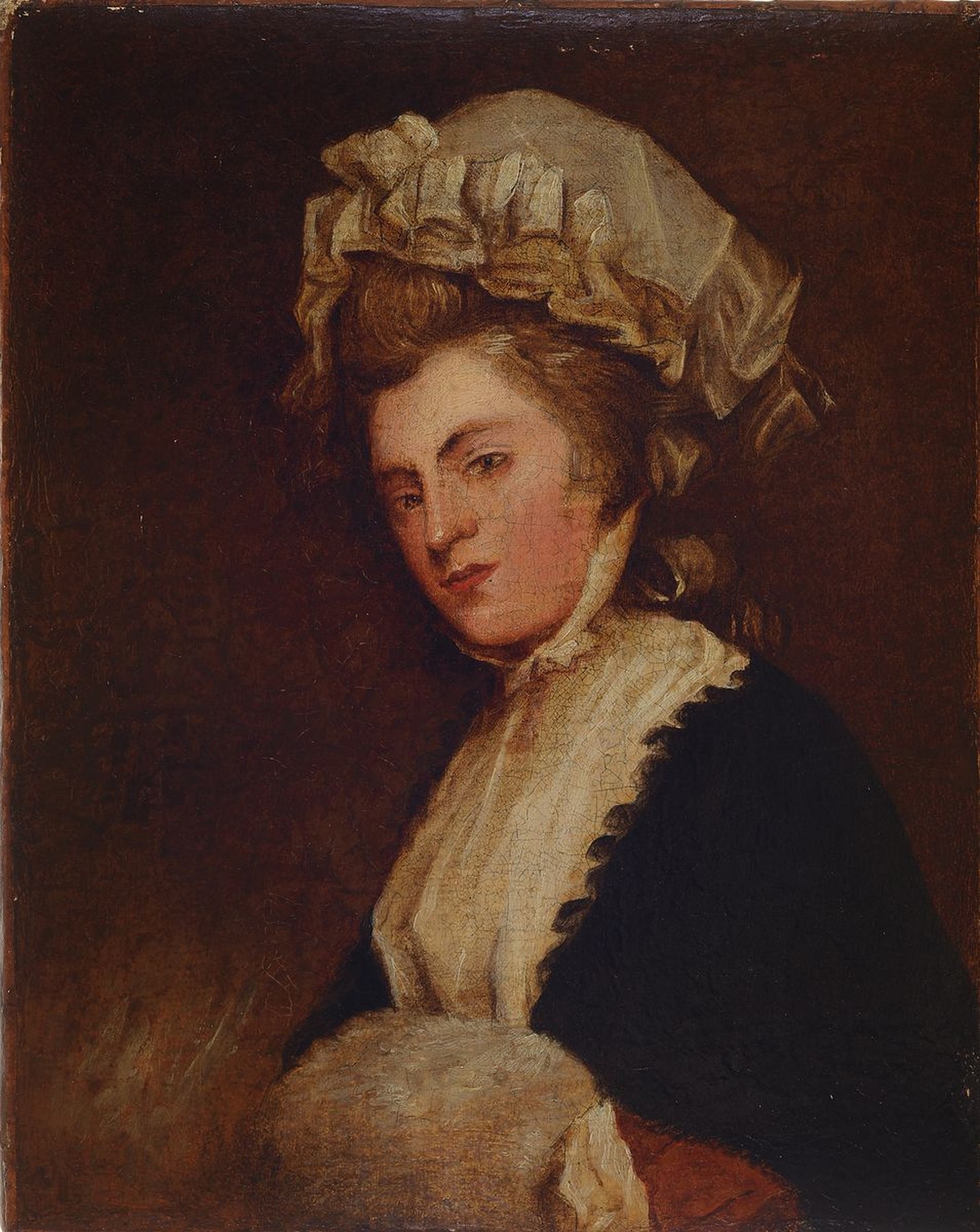 Nach George Romney (1734-1802), kleinformatiges Damenbildnis, Öl/Lwd, krakeliert, ungerahmt, rest., ca. 24x19 cm