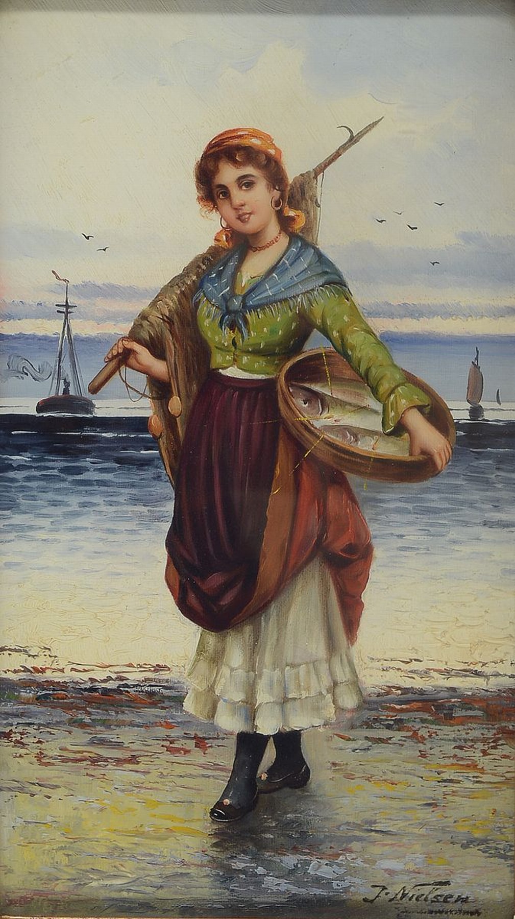 J. Nielsen, wohl dänischer Maler, um 1900, Fischerin am Hafen, Öl/Lwd, signiert, ca. 31 x 18 cm, Prunkrahmen ca. 51 x 38 cm, l. Alterssp.