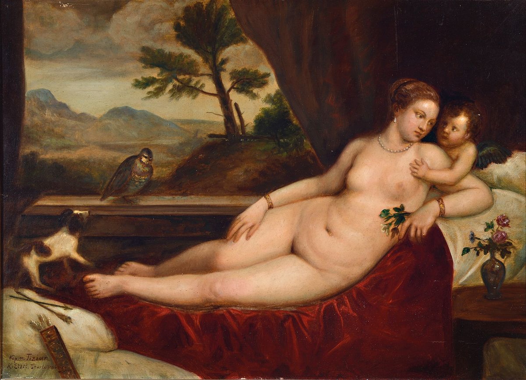 K. Etzel, deutscher Kopist um 1900, Kopie nach Tizians "Venus mit Cupido" (1550, Uffizien, Florenz), Öl/Holzplatte, links unten signiert ...