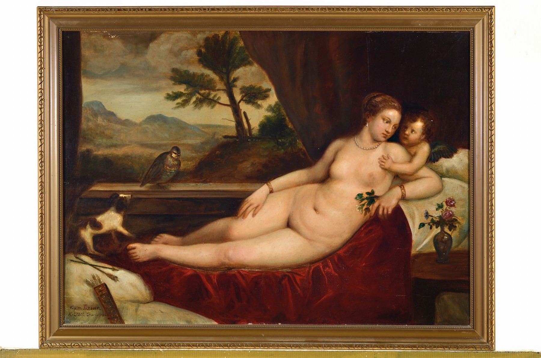 Detail k: K. Etzel, deutscher Kopist um 1900, Kopie nach Tizians "Venus mit Cupido" (1550, Uffizien, Florenz), Öl/Holzplatte, links unten signiert ...