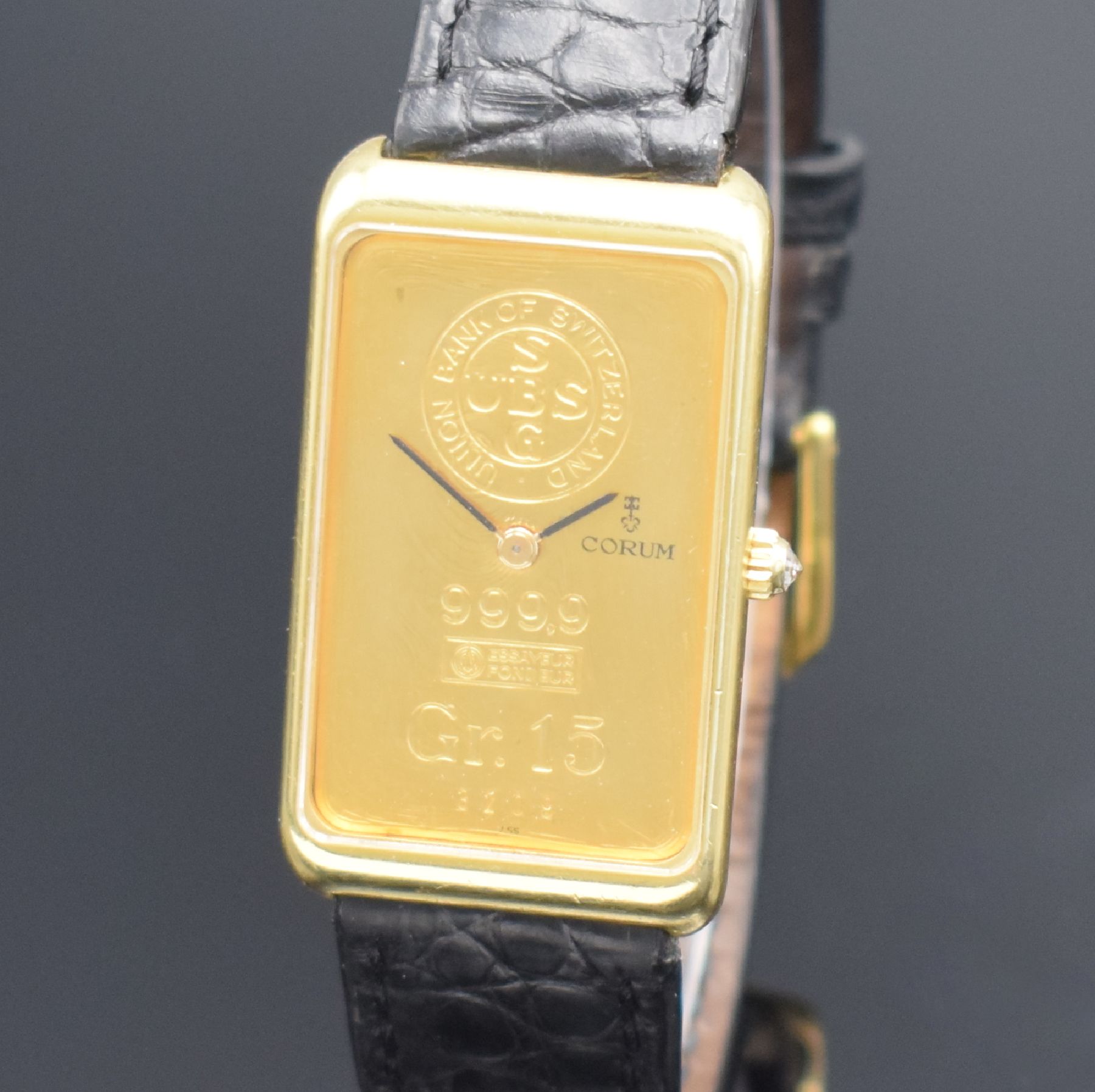 Detail a: CORUM Herrengolduhr in Form eines 15g Feingoldbarrens Nr. 3209 Referenz 55400, Handaufzug, Schweiz für den US-Markt um 1978, Geh. massiv GG 750/000 ...