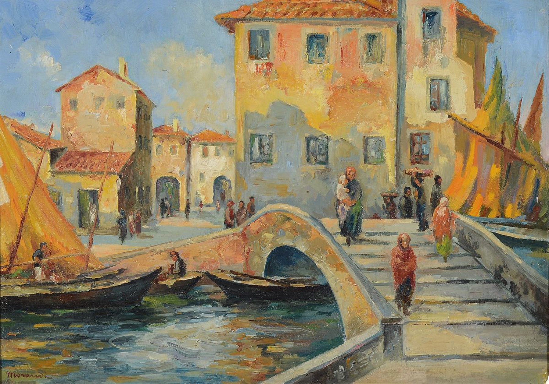 Morandi, italienischer Künstler des 20.Jh., Ansicht einer italienischen Stadt mit Brücke über einen Kanal, links unten signiert, Öl/Holz, Rahmen, ...