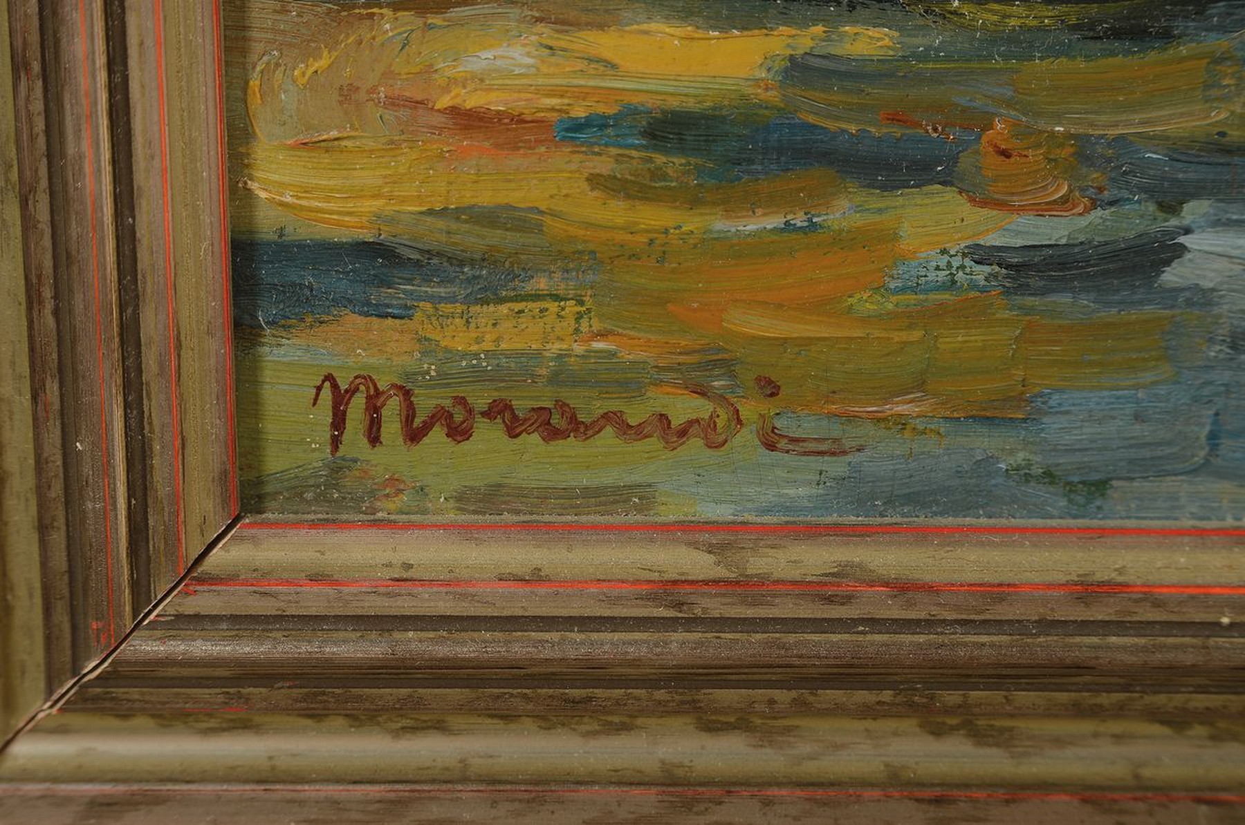 Detail a: Morandi, italienischer Künstler des 20.Jh., Ansicht einer italienischen Stadt mit Brücke über einen Kanal, links unten signiert, Öl/Holz, Rahmen, ...