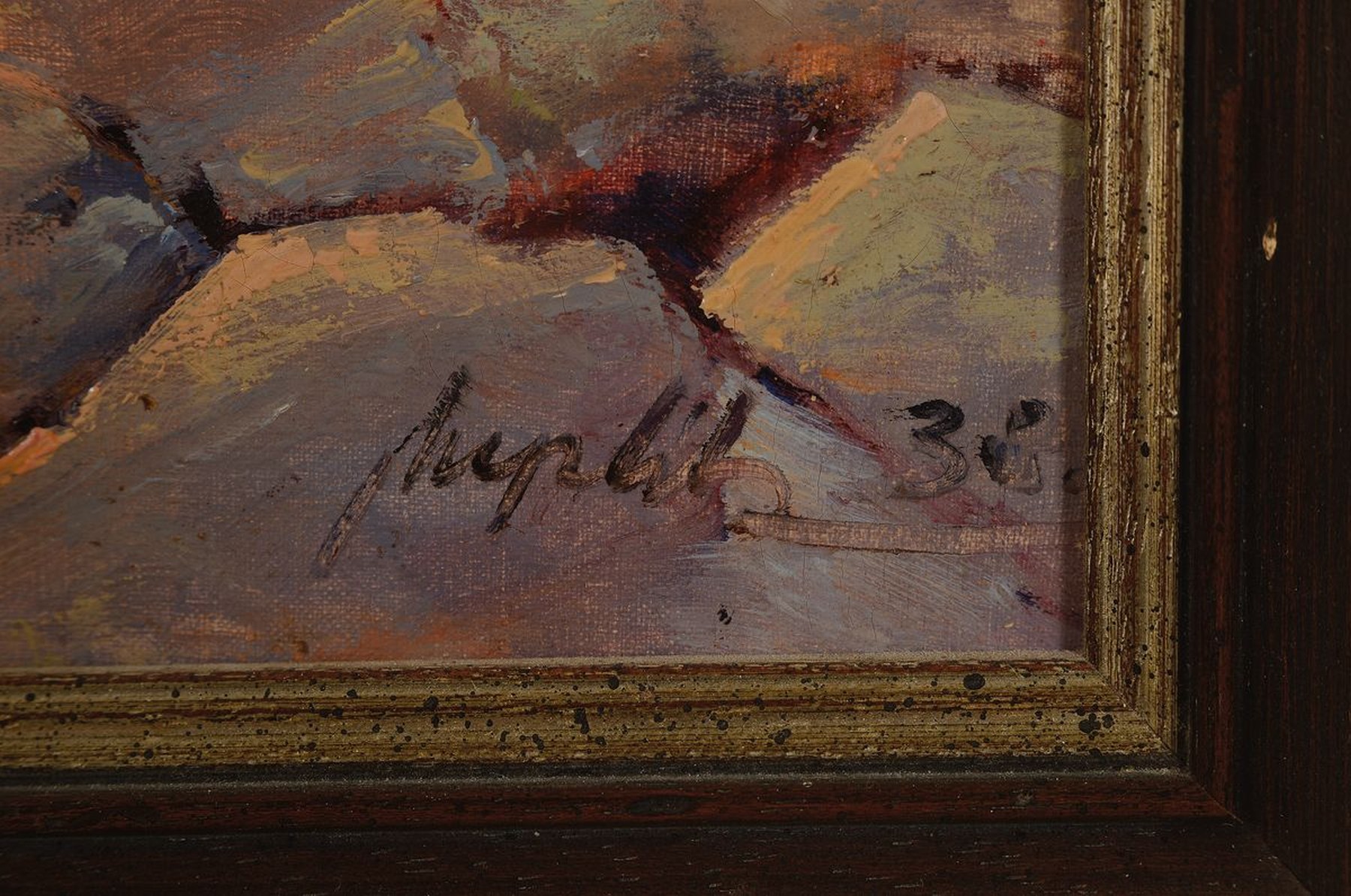 Detail a: Ungedeuteter Künstler des 20.Jh., maritime Landschaft, drei Segelboot vor der Küste, atmosphärisches Licht der untergehenden Sonne, klare ...