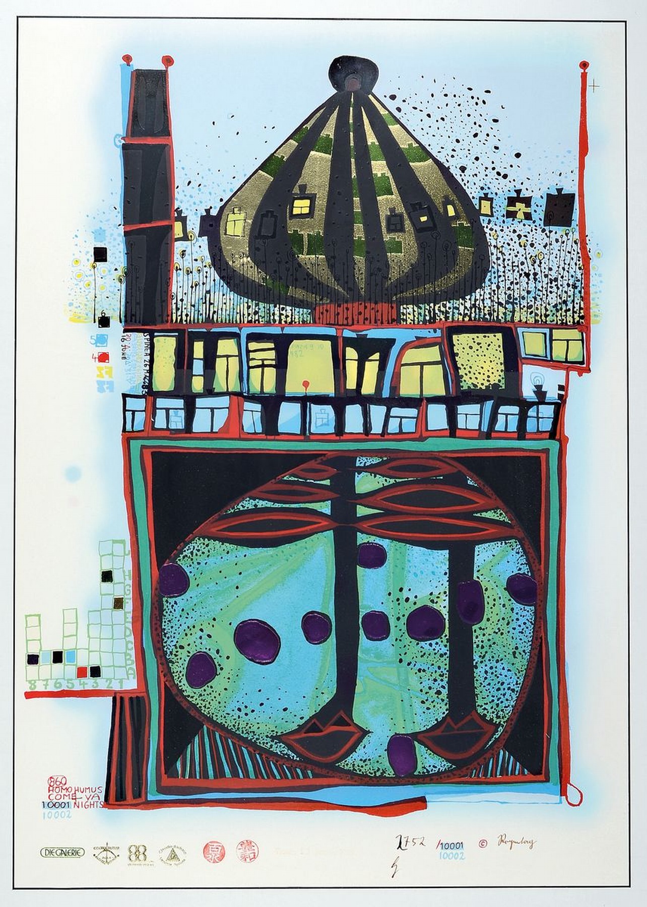 Friedensreich Hundertwasser, 1928-2000, 10002 Nights Homo Humus, sign., num. 2752/10001, WVZ: HWG 83, unter Glas gesamt ca. 91x71 cm