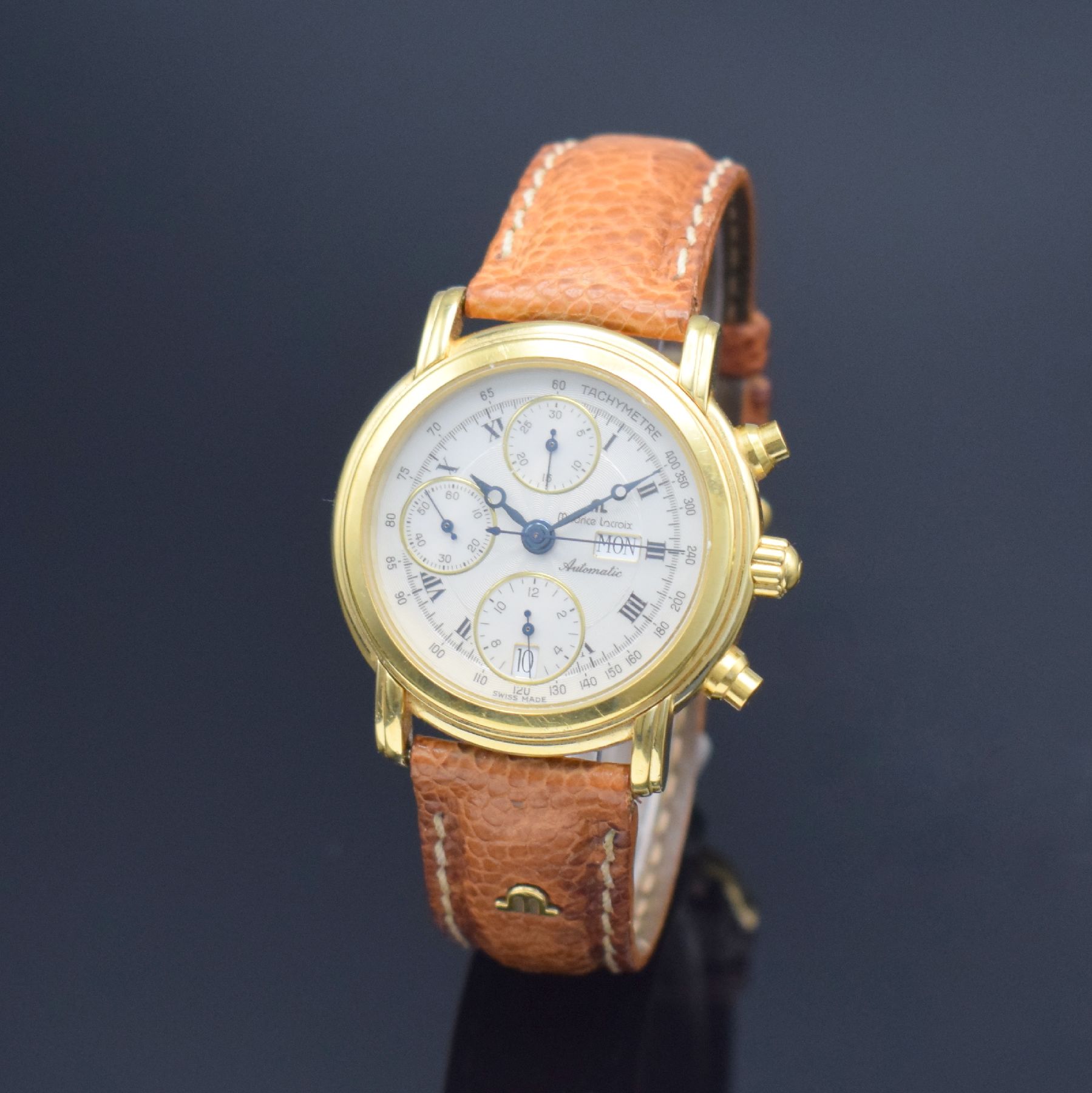 MAURICE LACROIX Masterpiece Croneo Herrenarmbanduhr mit Chronograph, Schweiz um 1995, Automatik, Ref. 39701, verg. Geh., Boden gedr., orig. Lederband ...