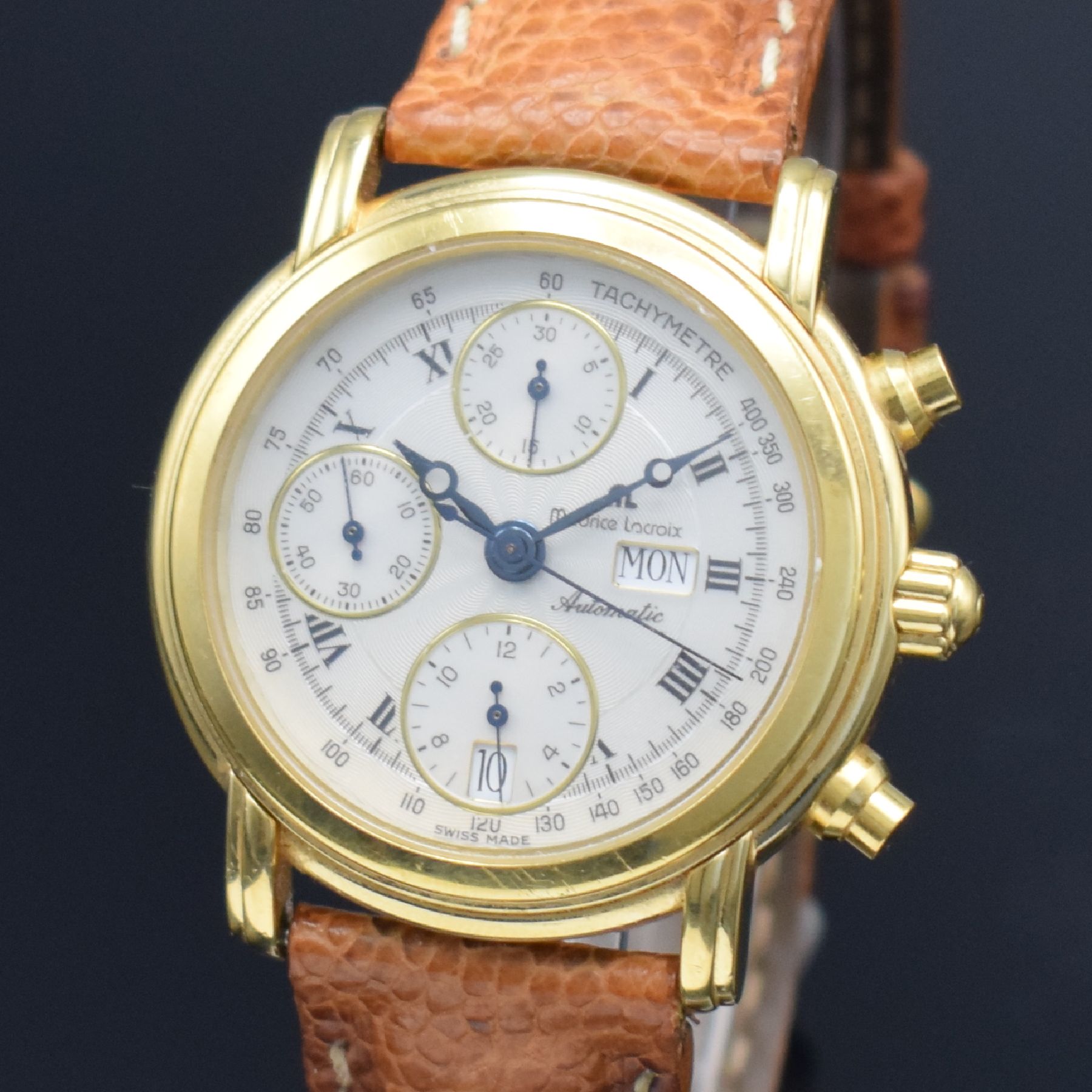 Detail a: MAURICE LACROIX Masterpiece Croneo Herrenarmbanduhr mit Chronograph, Schweiz um 1995, Automatik, Ref. 39701, verg. Geh., Boden gedr., orig. Lederband ...