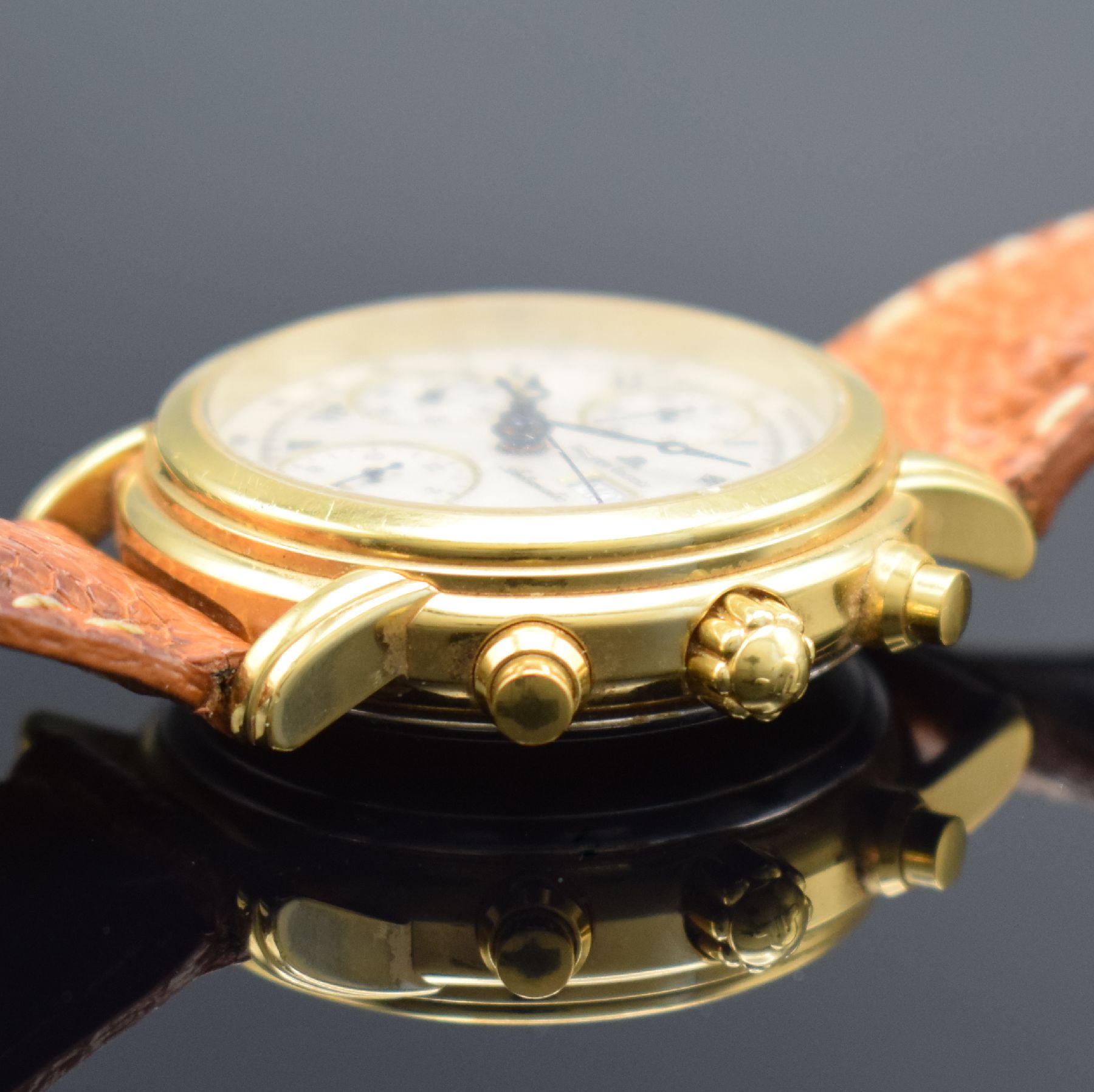 Detail b: MAURICE LACROIX Masterpiece Croneo Herrenarmbanduhr mit Chronograph, Schweiz um 1995, Automatik, Ref. 39701, verg. Geh., Boden gedr., orig. Lederband ...