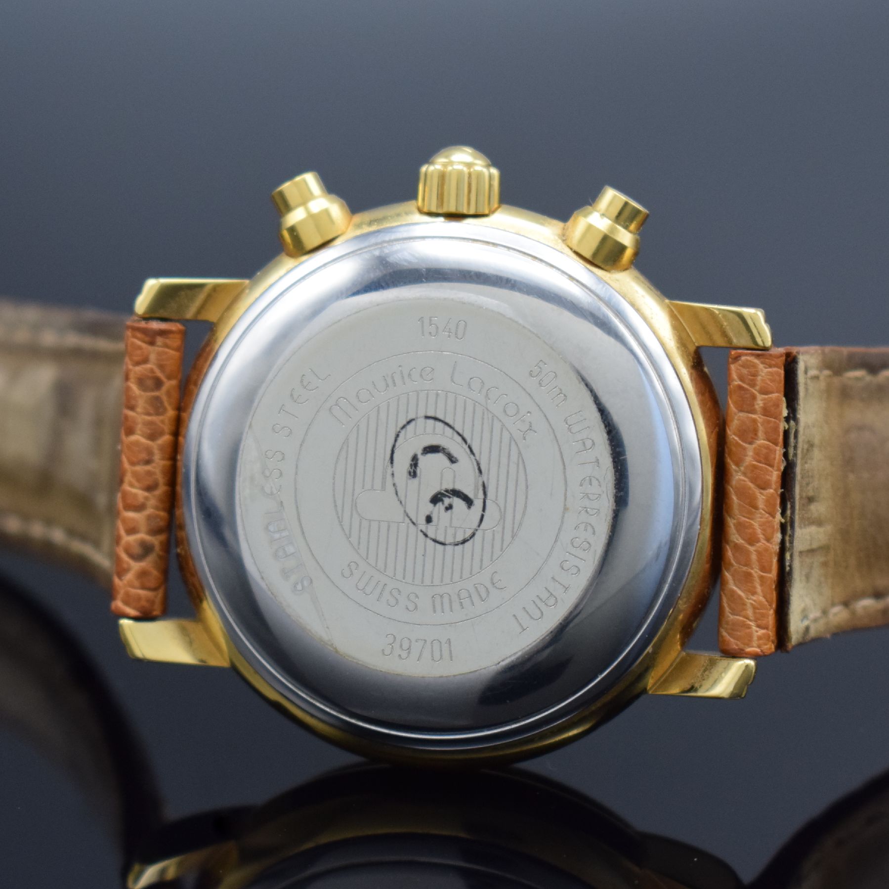Detail c: MAURICE LACROIX Masterpiece Croneo Herrenarmbanduhr mit Chronograph, Schweiz um 1995, Automatik, Ref. 39701, verg. Geh., Boden gedr., orig. Lederband ...