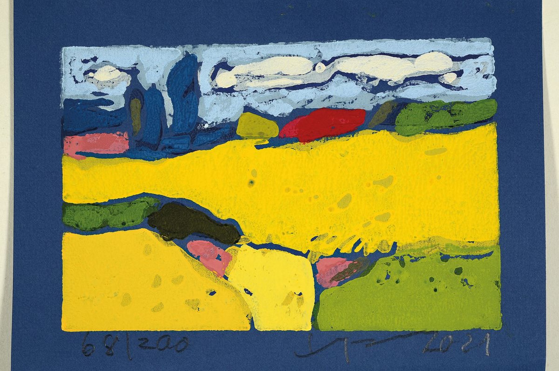 Detail k: Klaus Fußmann, geb. 1938 Velbert, Farblinolschnitt, Raps bei Düstnishy, sign., num. 68/200, ca. 14x19 cm