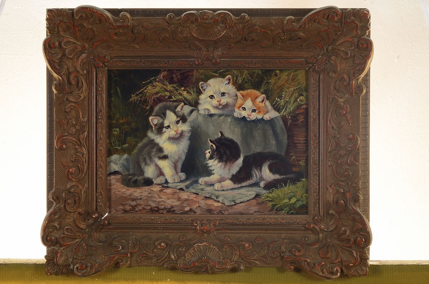 Detail k: Benno Kögl, 1892-1973, vier spielende junge Katzen, Öl/Holz, rechts unten signiert, ca. 18x24cm, R. ca. 31x37cm