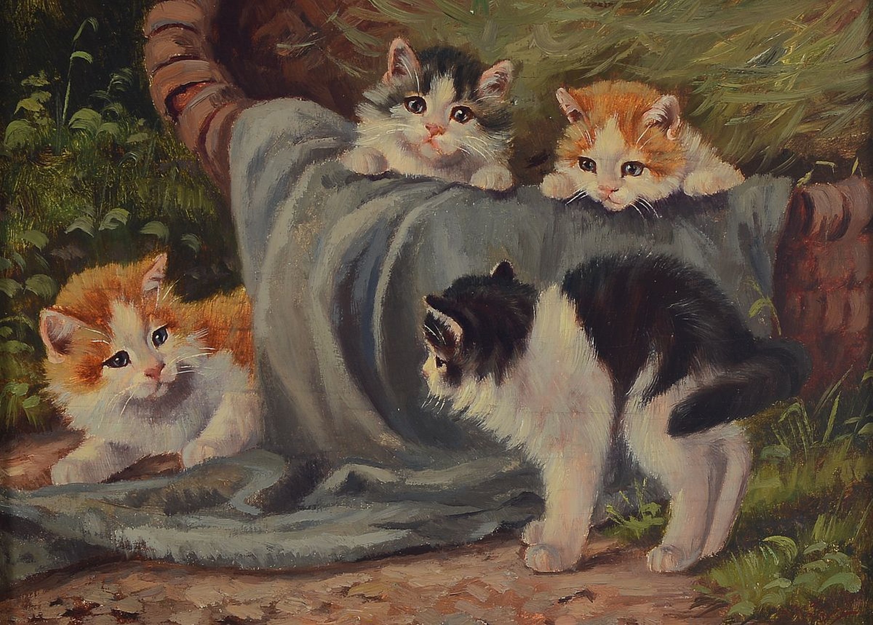 Benno Kögl, 1892-1973, vier spielende junge Katzen, Öl/Holz, rechts unten signiert, ca. 18x24cm, R. ca. 31x37cm