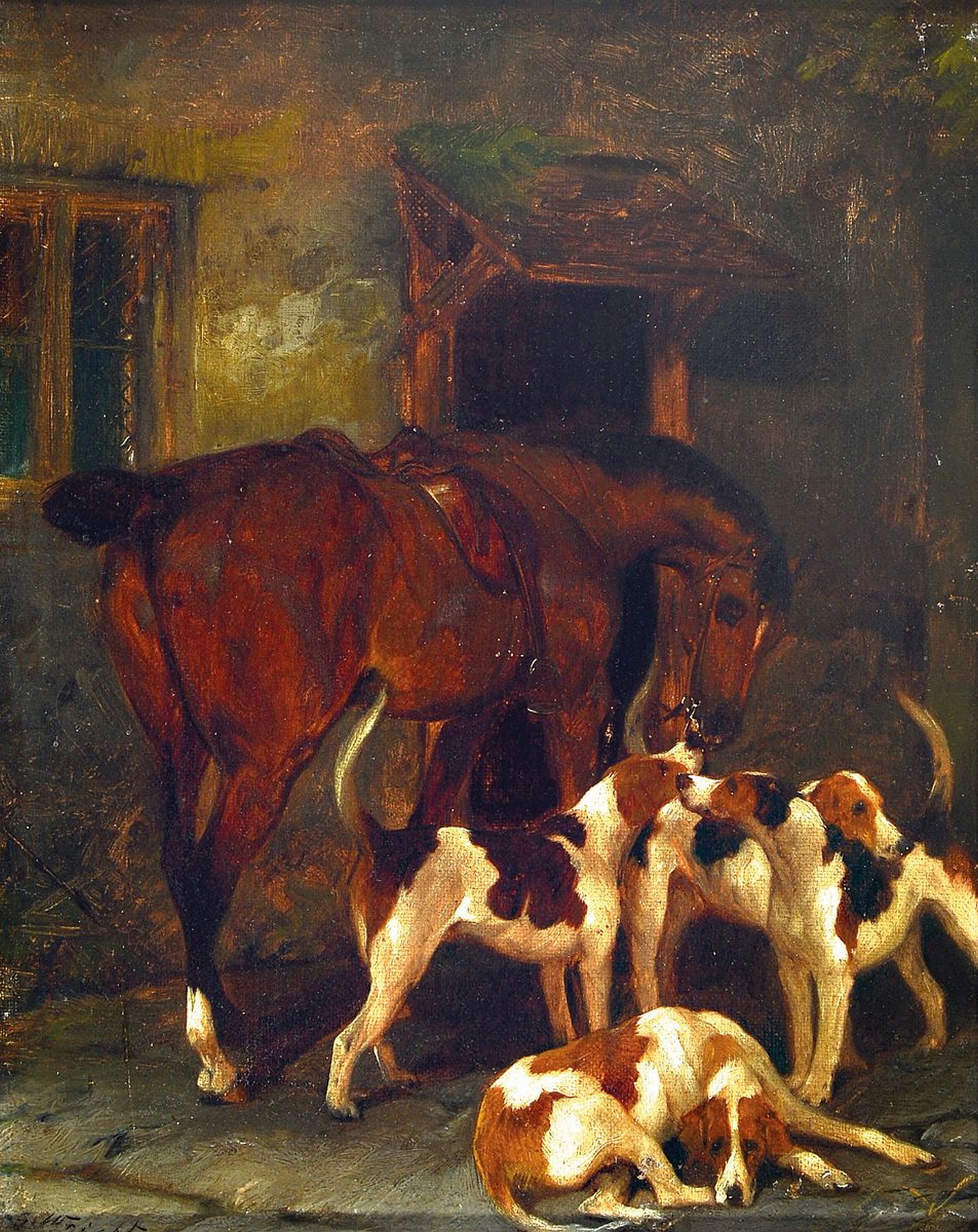 George Wright, 1860-1942, Stallinterieur mit Pferd und Jagdhunden, Öl/Lwd, links unten signiert, ca. 25x20cm, R. ca. 36.5x31.5cm