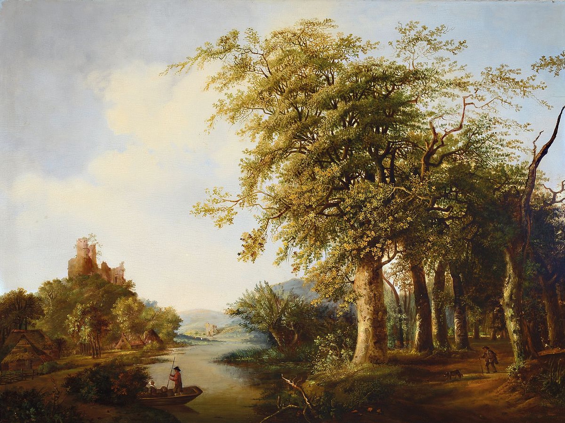 H. v. Bargum, niederländischer Maler, um 1790-1810, Romantische Landschaft mit Wanderer unter Bäumen, Angler am See und einer Ruine im Hintergrund, ...