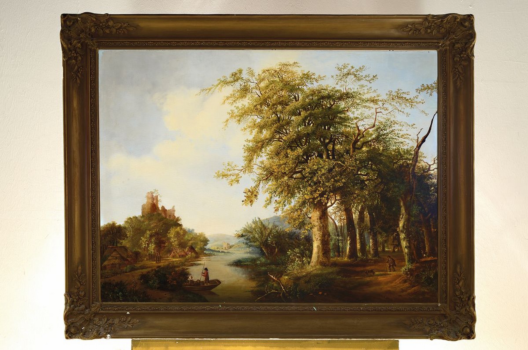 Detail k: H. v. Bargum, niederländischer Maler, um 1790-1810, Romantische Landschaft mit Wanderer unter Bäumen, Angler am See und einer Ruine im Hintergrund, ...