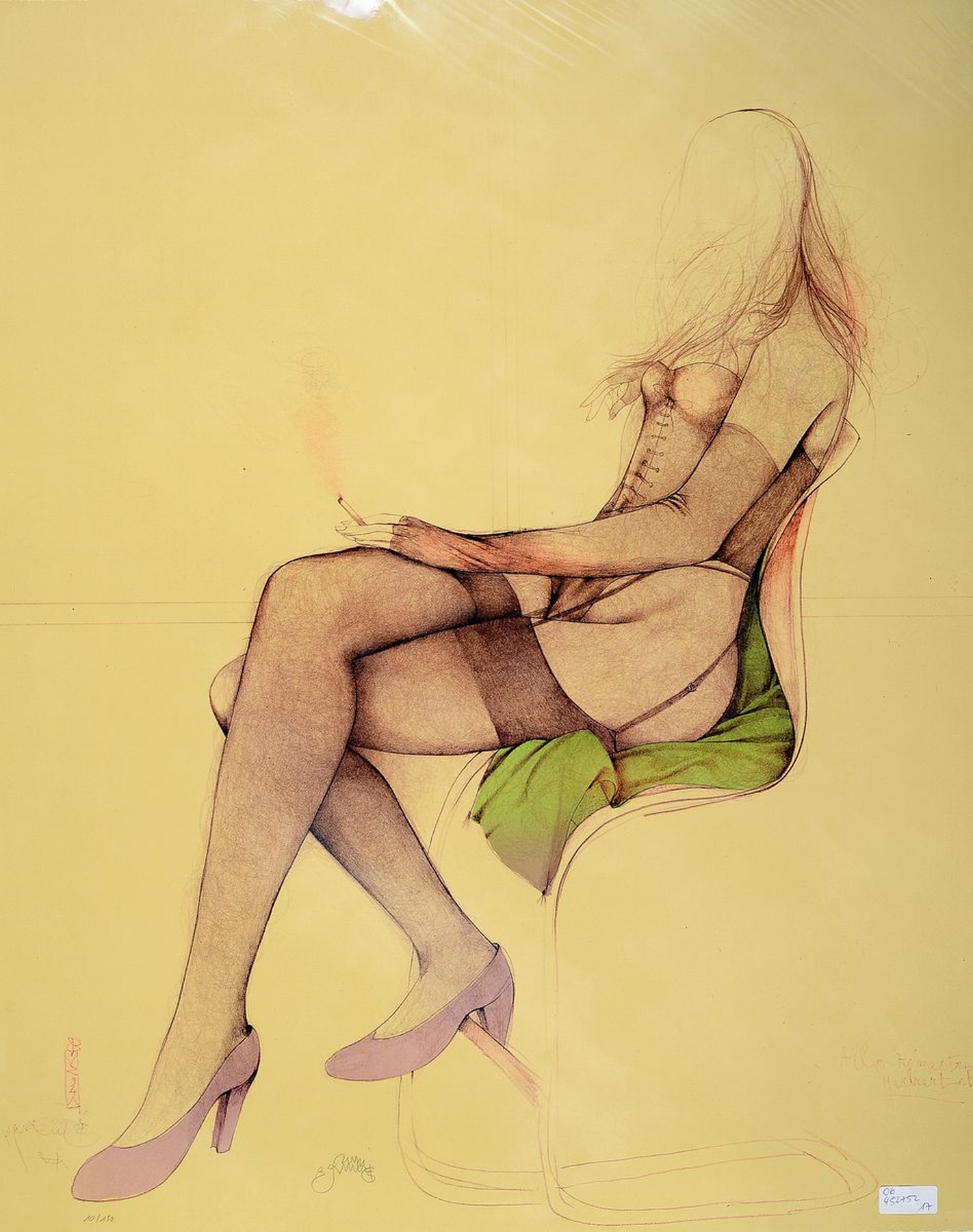 Bruno Bruni, geb.1935 Gradara, Lithografie, Sitzender weiblicher Akt mit Zigarette, sign., num. 10/150, ca. 75x60 cm