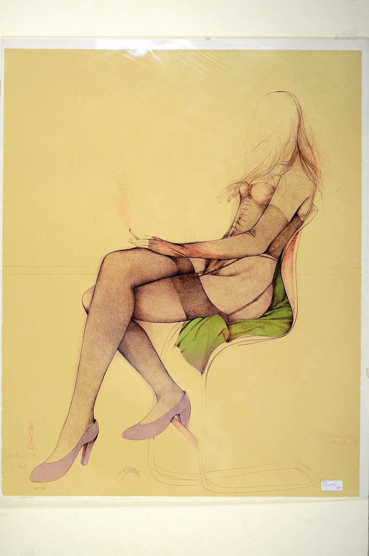 Detail k: Bruno Bruni, geb.1935 Gradara, Lithografie, Sitzender weiblicher Akt mit Zigarette, sign., num. 10/150, ca. 75x60 cm