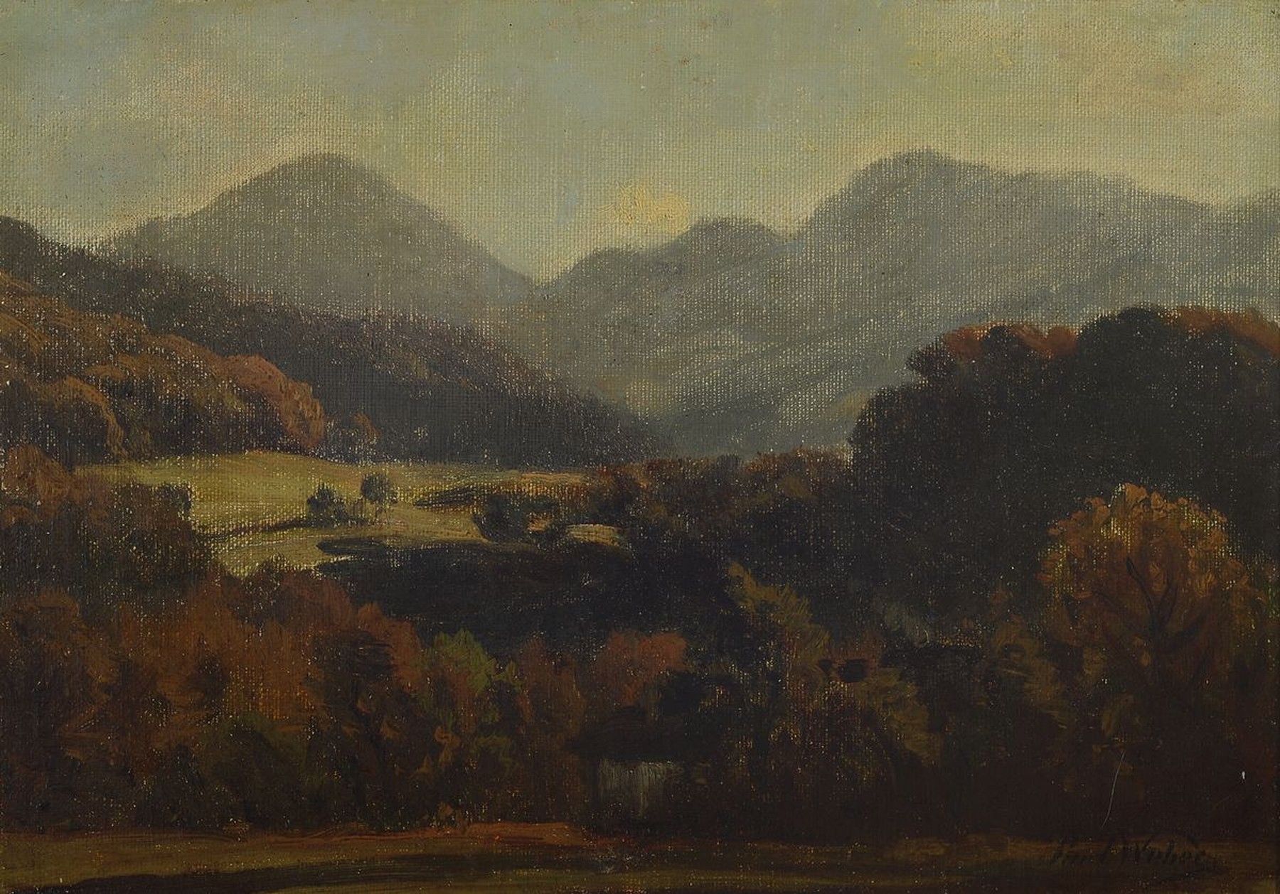 Paul Weber, 1823 Darmstadt-1916 München, Hügelige bewaldete Landschaft, Öl/Malkarton, rechts unten signiert, ca. 20x28cm, R. ca. 25x33cm