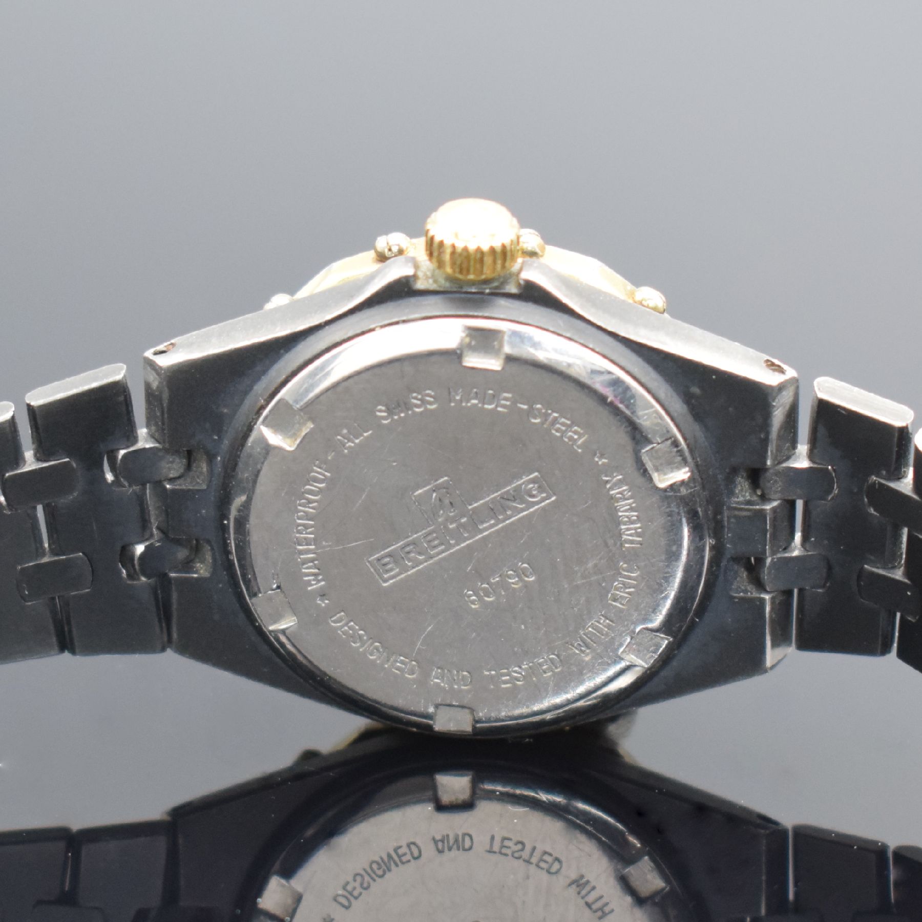 Detail c: BREITLING Tabarly Damenarmbanduhr in Stahl, Schweiz um 1985, quarz, Boden geschr., geschw. Band m. Faltschl., Tubus- & Gewinde der Krone def., verg. ...