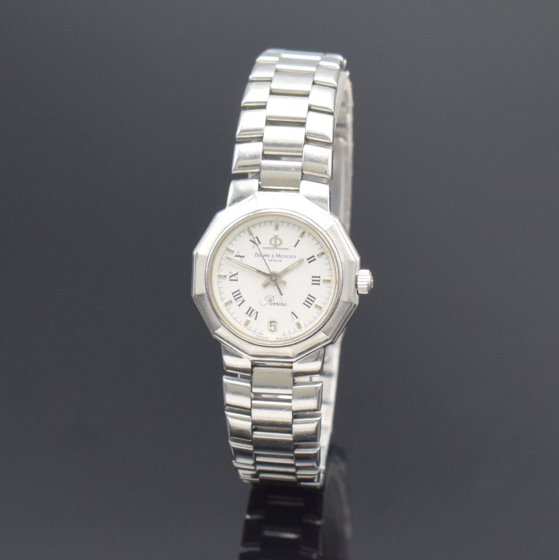 BAUME & MERCIER Riviera Damenarmbanduhr, Schweiz um 1985, quarz, verschr. Gehäuse in Edelstahl inkl. Gliederband m. Faltschl., weißes Zifferbl. m. ...