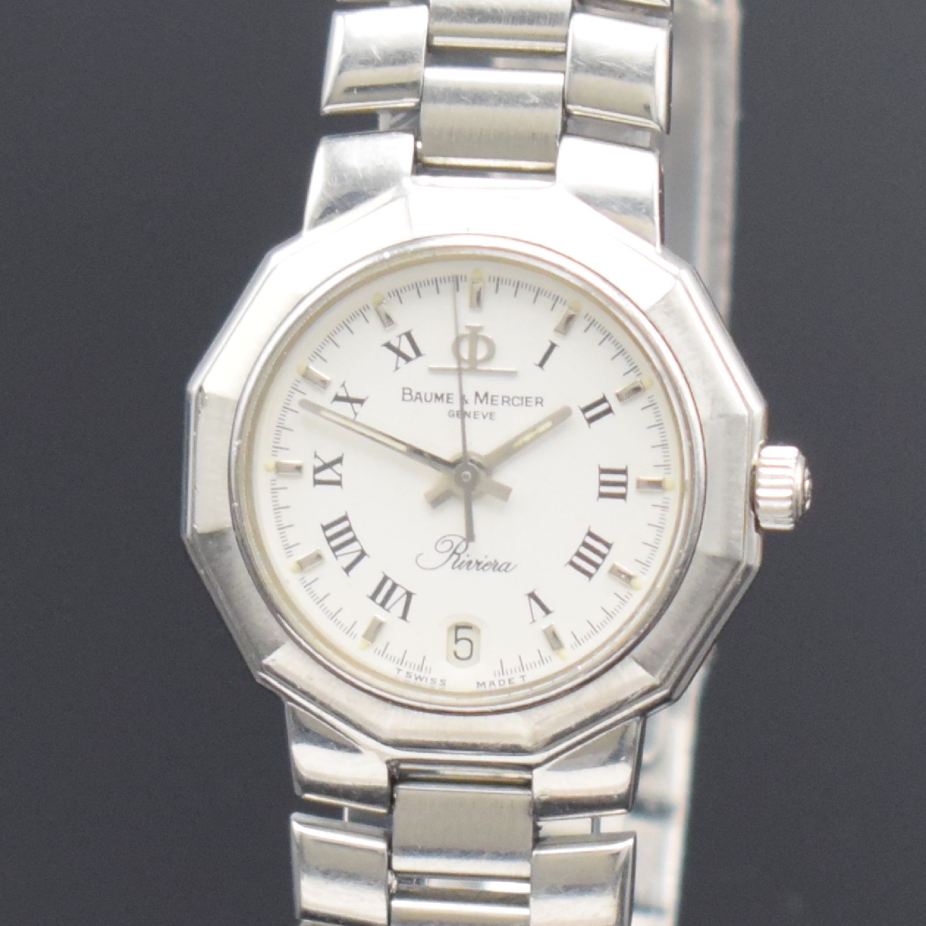 Detail a: BAUME & MERCIER Riviera Damenarmbanduhr, Schweiz um 1985, quarz, verschr. Gehäuse in Edelstahl inkl. Gliederband m. Faltschl., weißes Zifferbl. m. ...