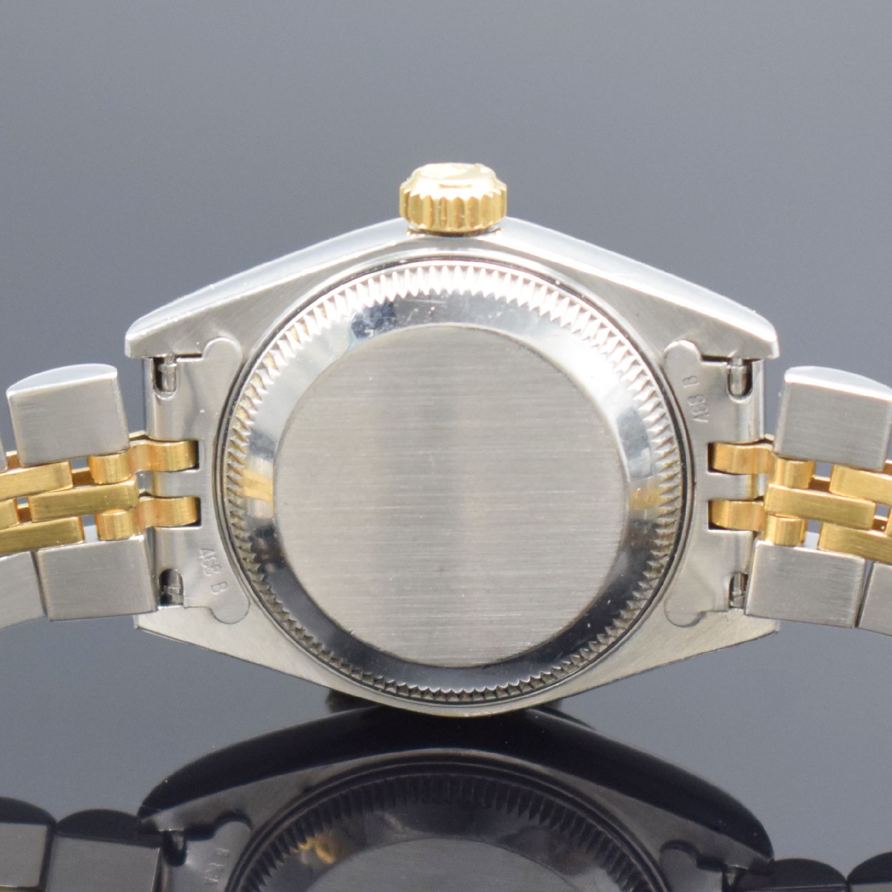 Detail e: ROLEX Damenarmbanduhr Oyster Perpetual Datejust, Schweiz um 1996, Automatik, Ref. 69173, verschr. Geh. in Edelstahl & Gold komb. inkl. Jubileeband m. ...