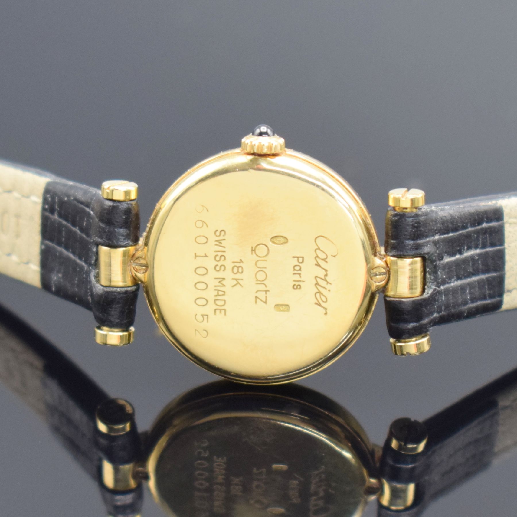 Detail c: CARTIER Vendome Damenarmbanduhr in GG 750/000, Schweiz um 1990, 2-teil. Geh., Boden 2- fach verschr., Bandanstöße l. verb., weißes Zifferbl. m. ...