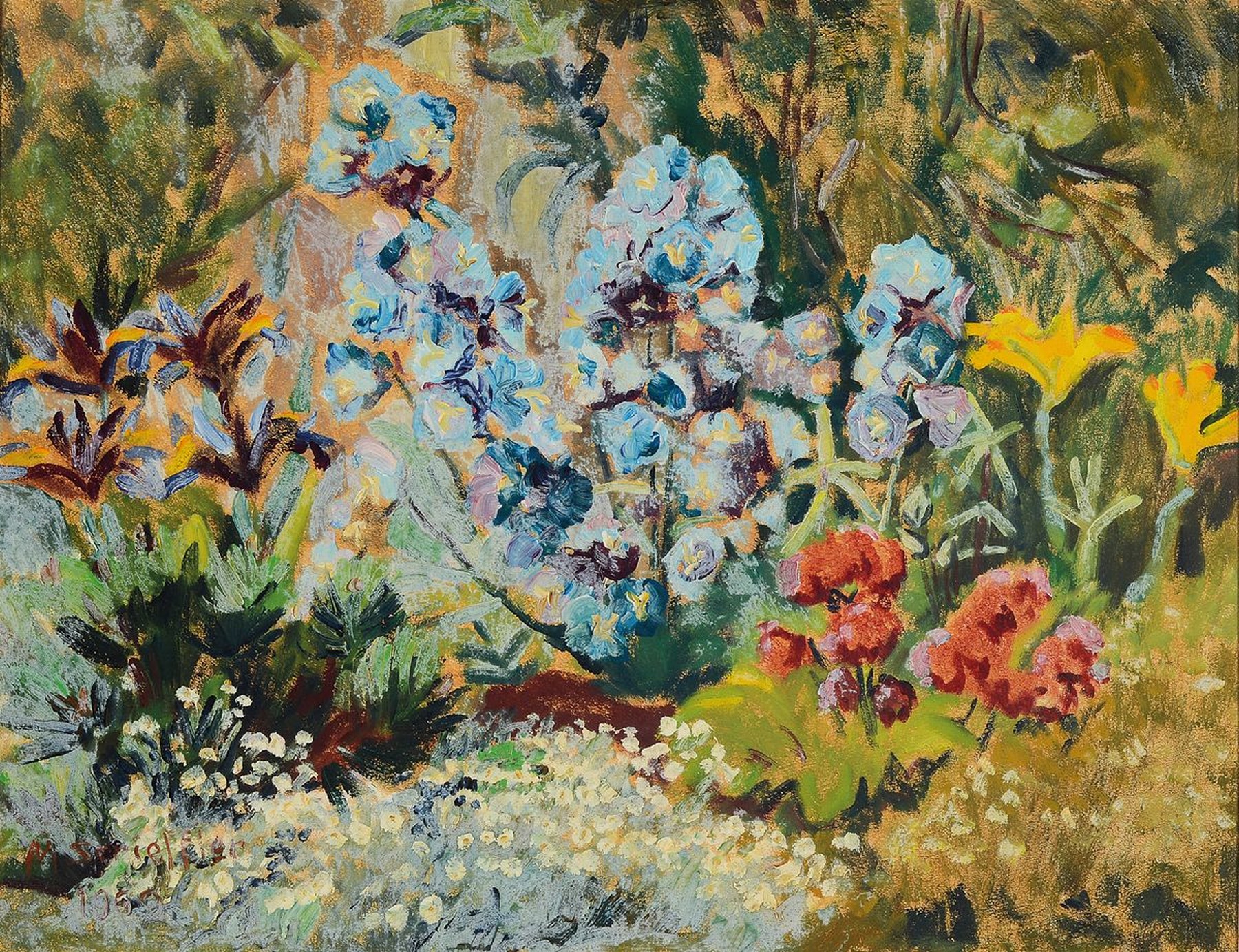 Marie Strieffler, 1917-1987 Landau, Blumen im Garten, Öl/Lwd, links unten signiert und dat. 1969, ca. 60x76cm, R. ca. 70x86cm