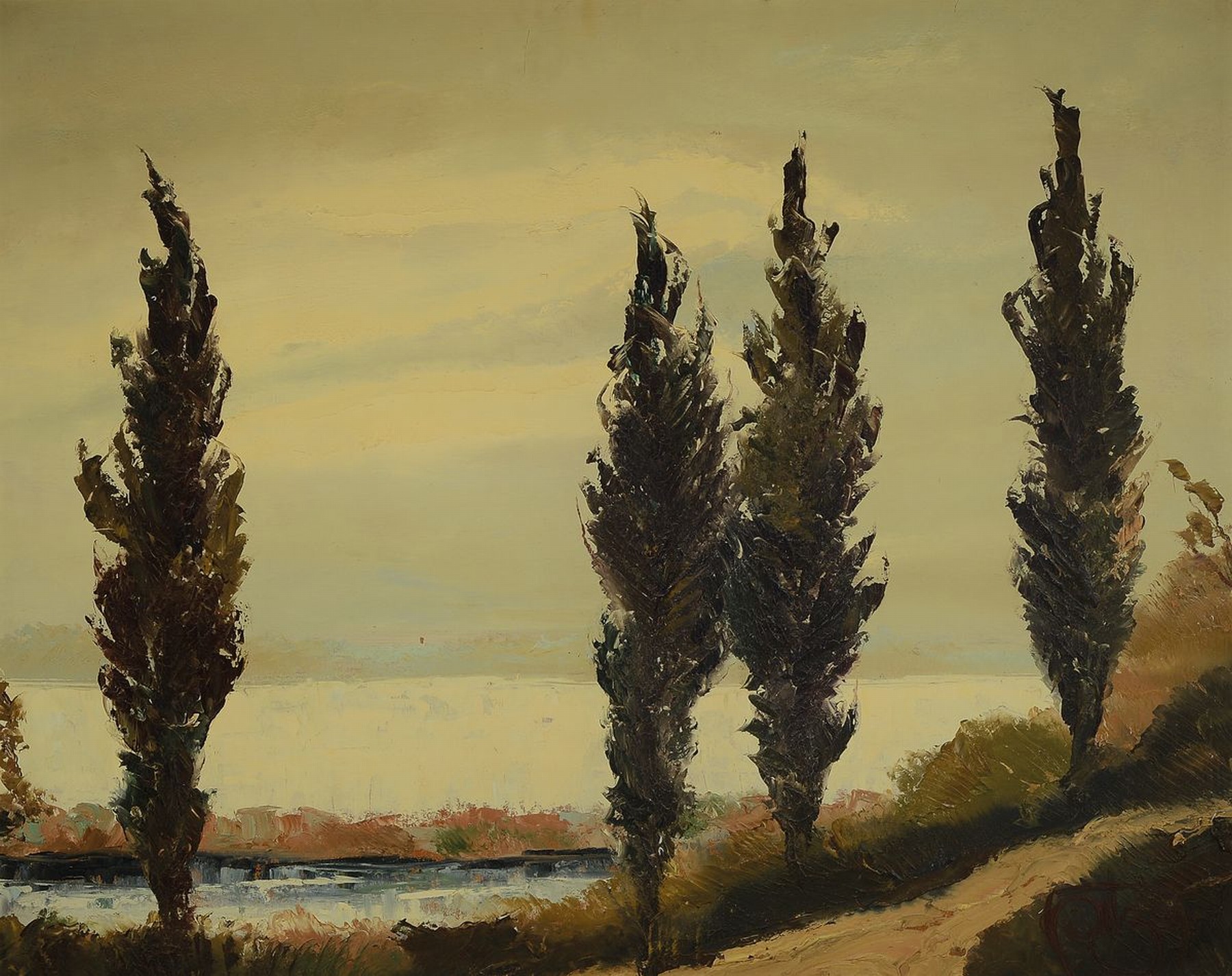 Karl Philipp Spitzer, 1887-1954 Speyer, Pappeln am Rhein, Öl/Hartfaser, rechts unten signiert, ca. 80x100cm, R. ca. 90x110cm