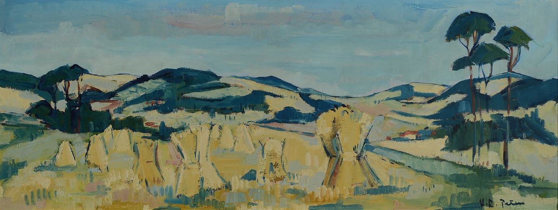 Hans Rolf Peter, 1926-2020 Neustadt an der Weinstraße, Hügelige Landschaft mit Garben auf einem Getreidefeld, Öl/Malkarton, rechts unten signiert, ...