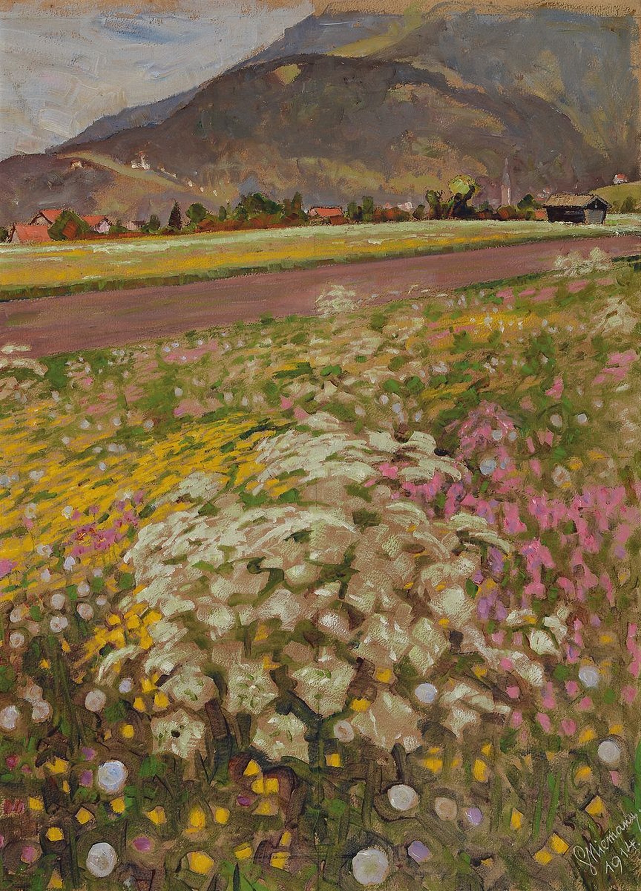 Gottfried Niemann, 1882 Berlin - 1950, sommerliche Blumenwiese in Voralpenlandschaft, Mischtechnik auf Malkarton, rechts unten signiert und datiert ...