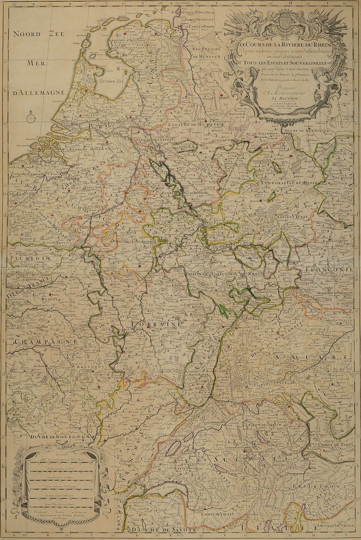 Zwei Kupferstichkarten, Frankfurt und Rheinverlauf, 18.Jh., Johann Baptist Homann (1664-1724): Frankfurt am Main und Umgebung, 72x80 cm, Pierre ...