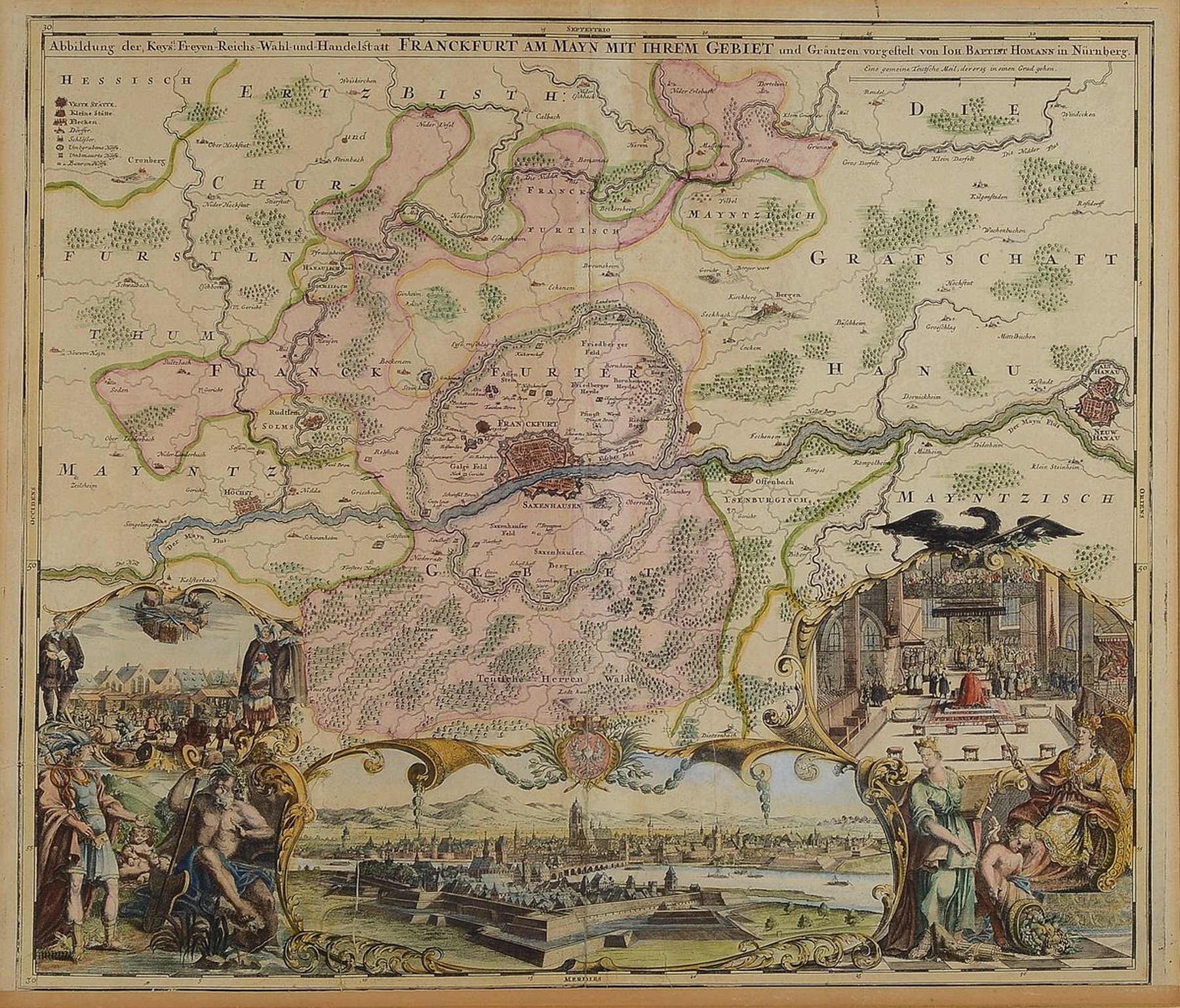 Detail a: Zwei Kupferstichkarten, Frankfurt und Rheinverlauf, 18.Jh., Johann Baptist Homann (1664-1724): Frankfurt am Main und Umgebung, 72x80 cm, Pierre ...