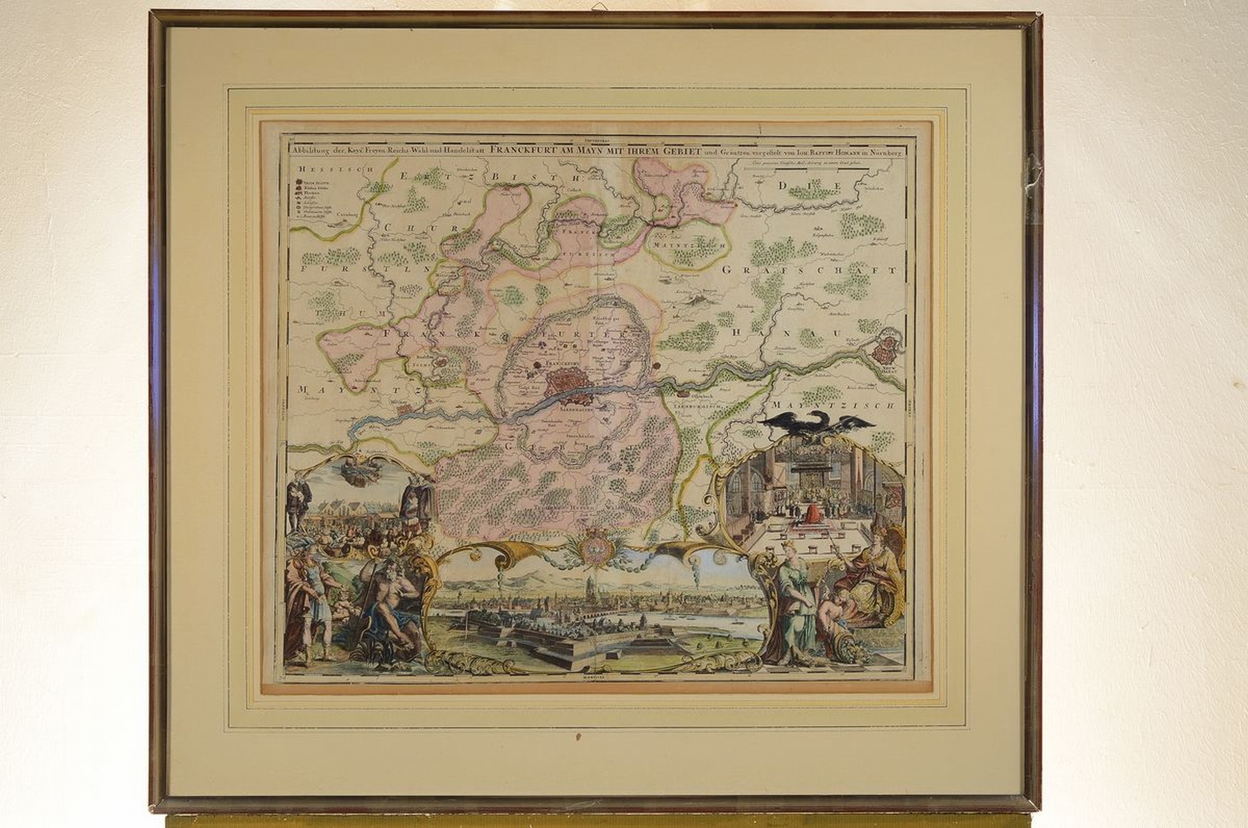Detail l: Zwei Kupferstichkarten, Frankfurt und Rheinverlauf, 18.Jh., Johann Baptist Homann (1664-1724): Frankfurt am Main und Umgebung, 72x80 cm, Pierre ...